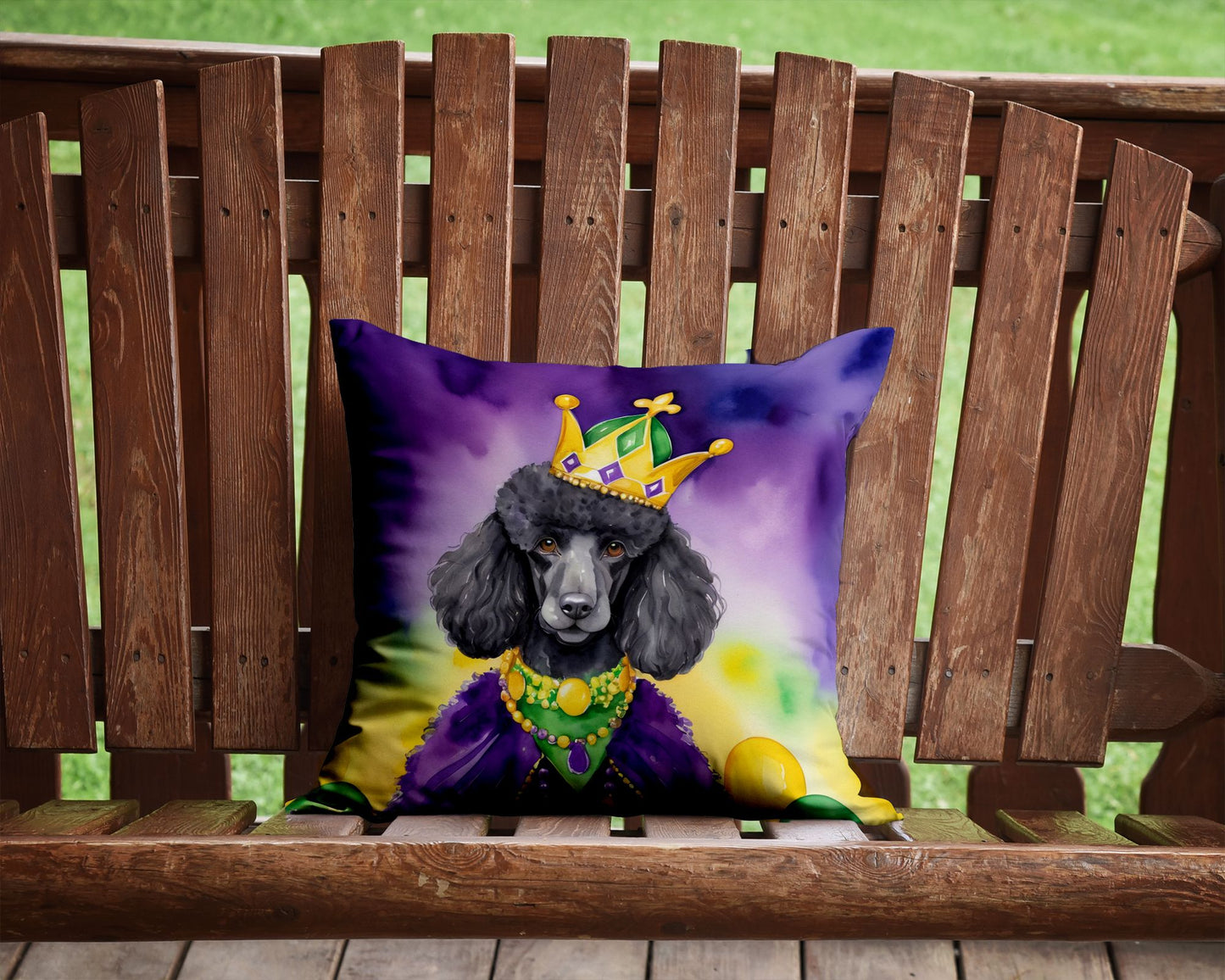 Black Poodle King of Mardi Gras Throw Pillow Machine Washable, Indoor Outdoor Decorative Pillow for Couch, Bed or Patio, 14Hx14W