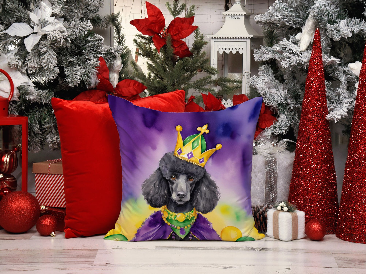 Black Poodle King of Mardi Gras Throw Pillow Machine Washable, Indoor Outdoor Decorative Pillow for Couch, Bed or Patio, 14Hx14W