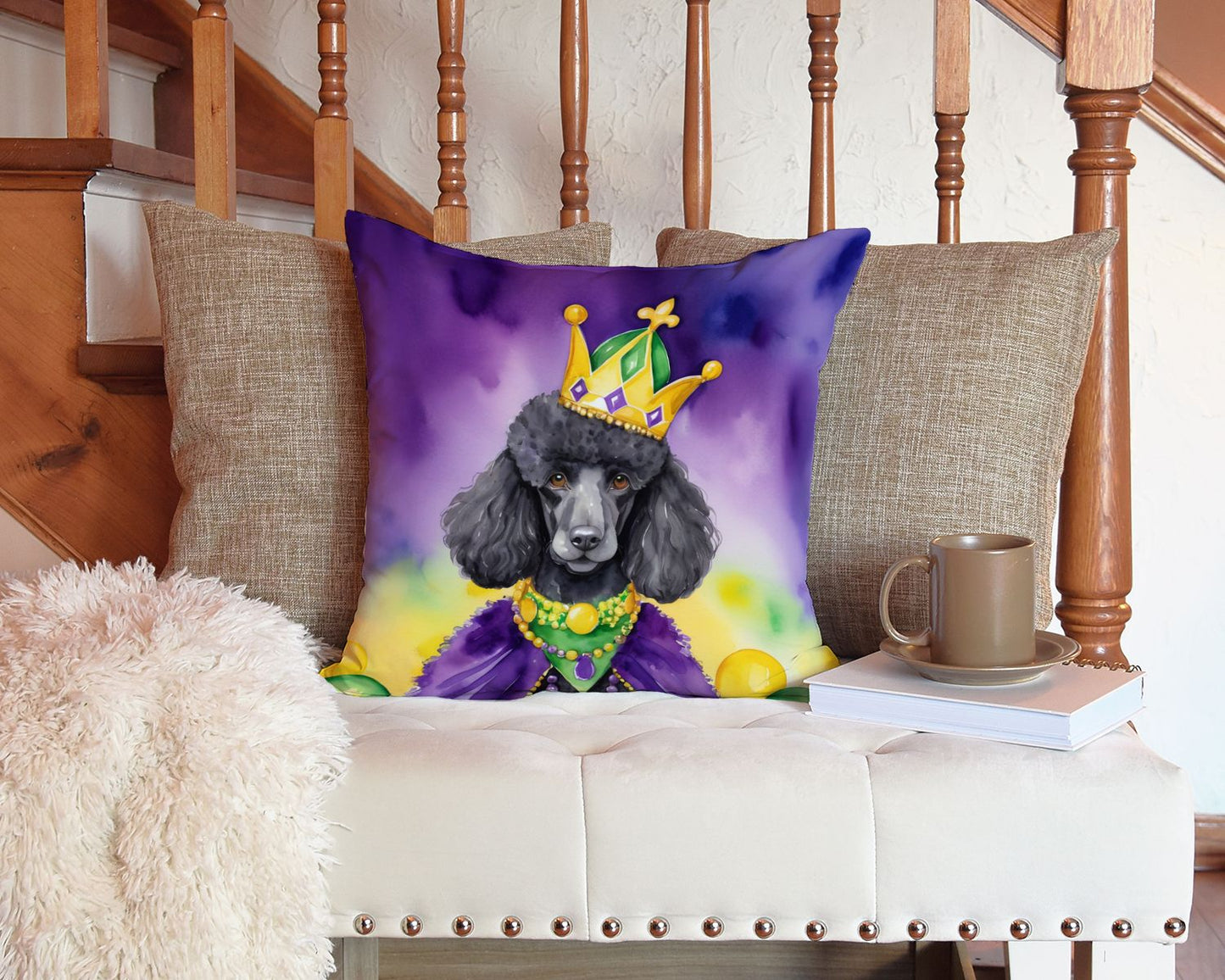 Black Poodle King of Mardi Gras Throw Pillow Machine Washable, Indoor Outdoor Decorative Pillow for Couch, Bed or Patio, 14Hx14W