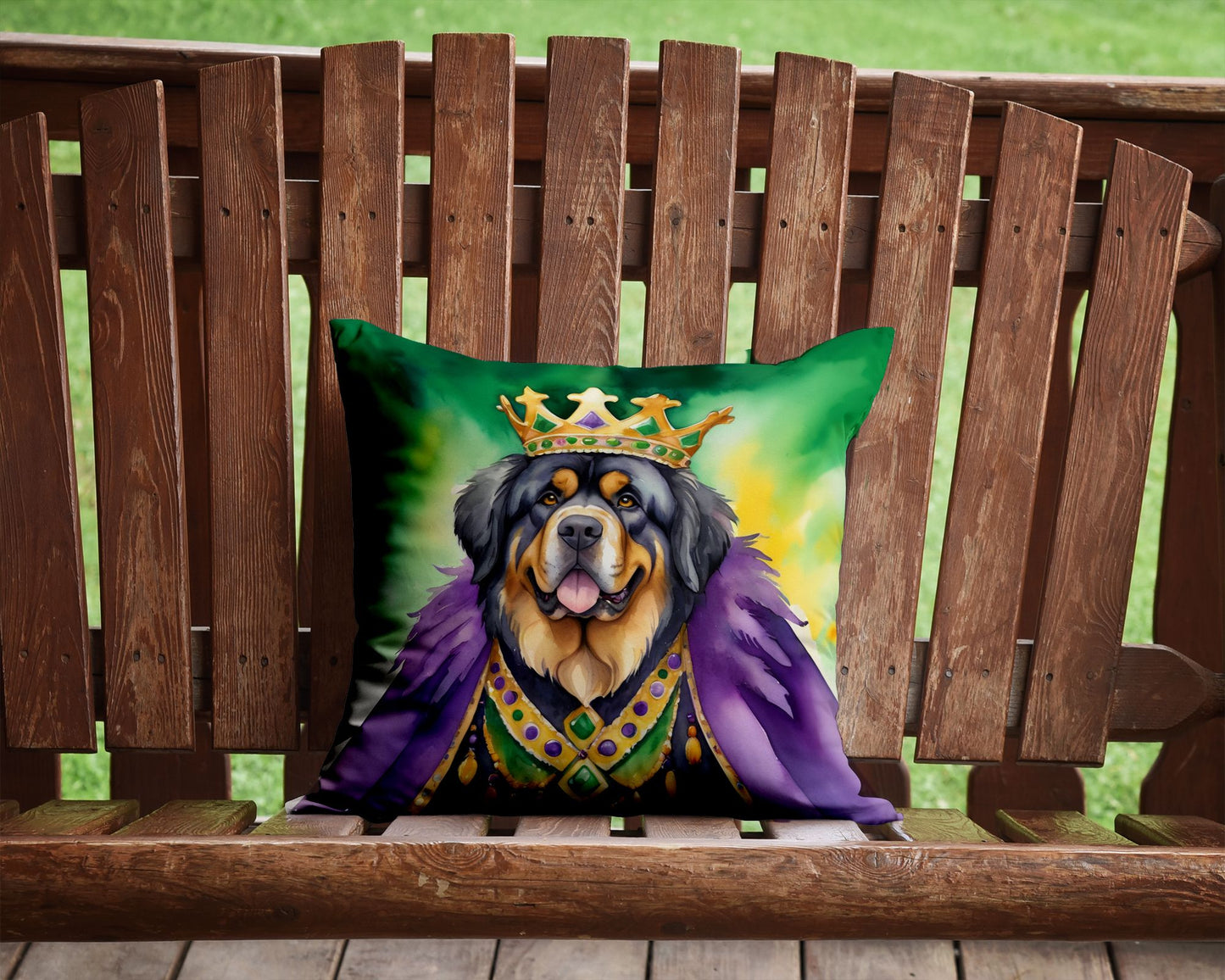 Tibetan Mastiff King of Mardi Gras Throw Pillow Machine Washable, Indoor Outdoor Decorative Pillow for Couch, Bed or Patio, 14Hx14W