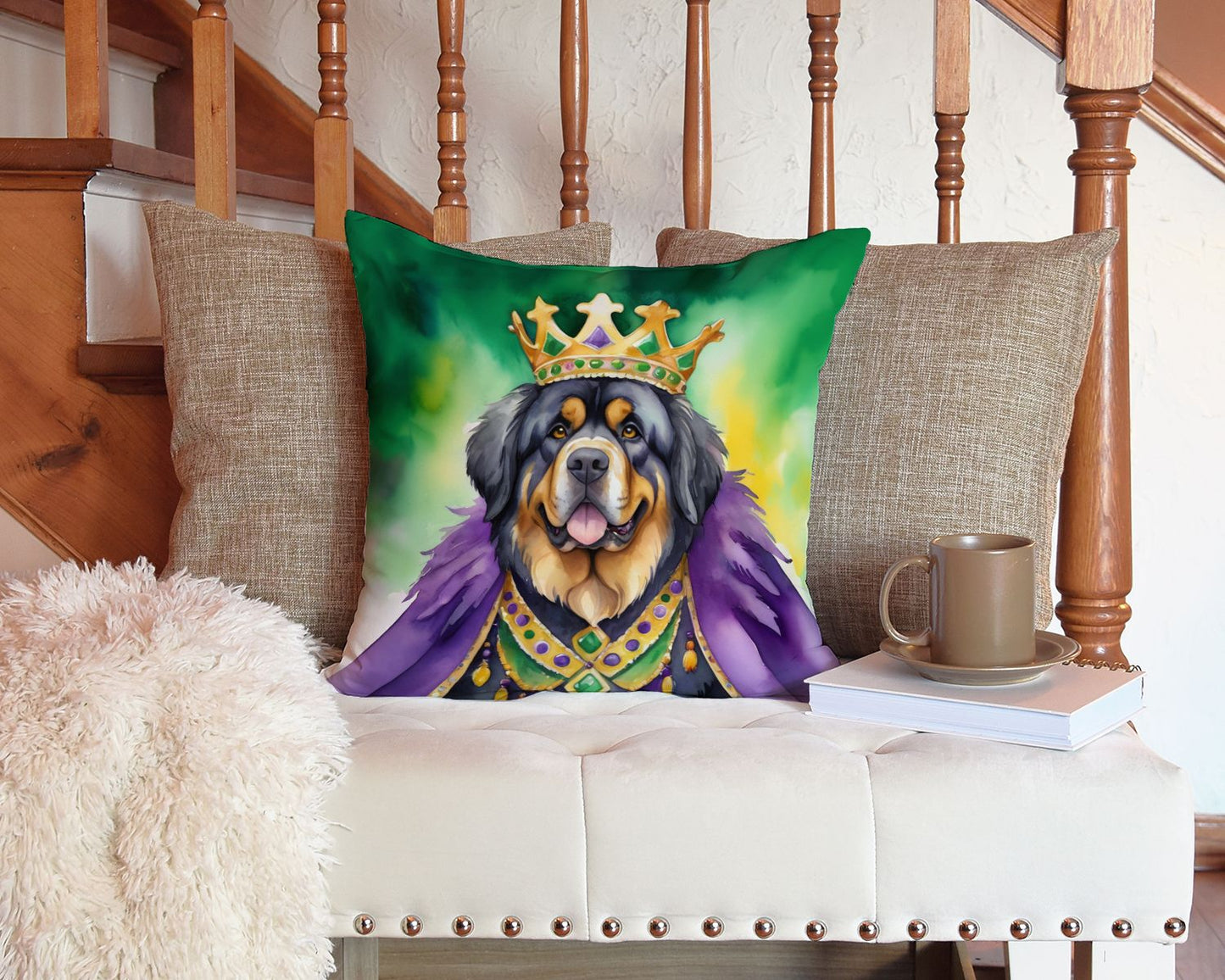 Tibetan Mastiff King of Mardi Gras Throw Pillow Machine Washable, Indoor Outdoor Decorative Pillow for Couch, Bed or Patio, 14Hx14W
