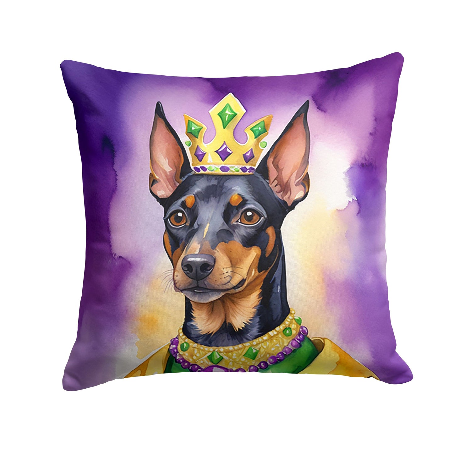 Manchester Terrier King of Mardi Gras Throw Pillow Machine Washable, Indoor Outdoor Decorative Pillow for Couch, Bed or Patio, 14Hx14W