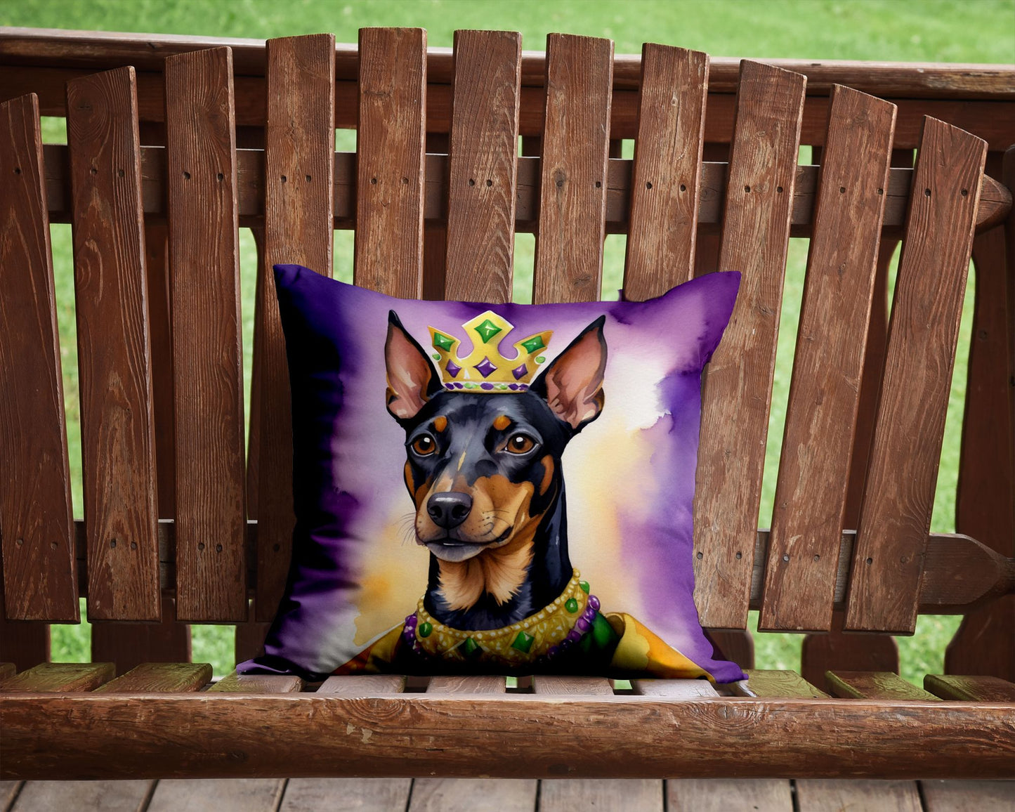 Manchester Terrier King of Mardi Gras Throw Pillow Machine Washable, Indoor Outdoor Decorative Pillow for Couch, Bed or Patio, 14Hx14W