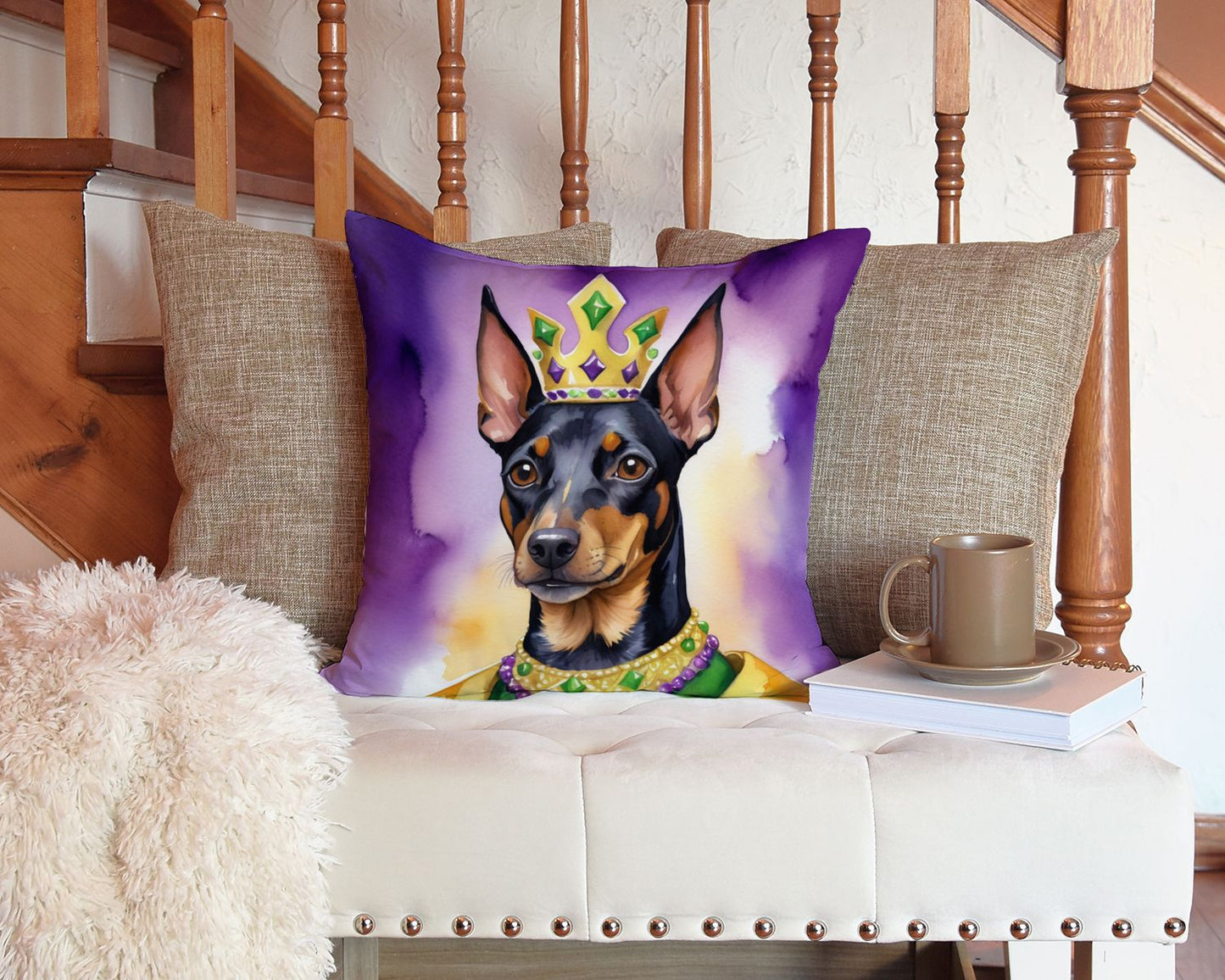 Manchester Terrier King of Mardi Gras Throw Pillow Machine Washable, Indoor Outdoor Decorative Pillow for Couch, Bed or Patio, 14Hx14W