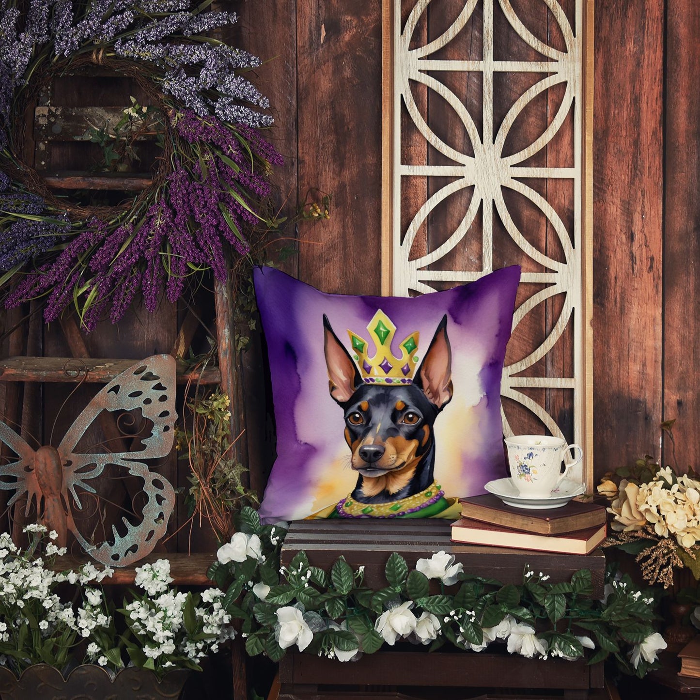 Manchester Terrier King of Mardi Gras Throw Pillow Machine Washable, Indoor Outdoor Decorative Pillow for Couch, Bed or Patio, 14Hx14W
