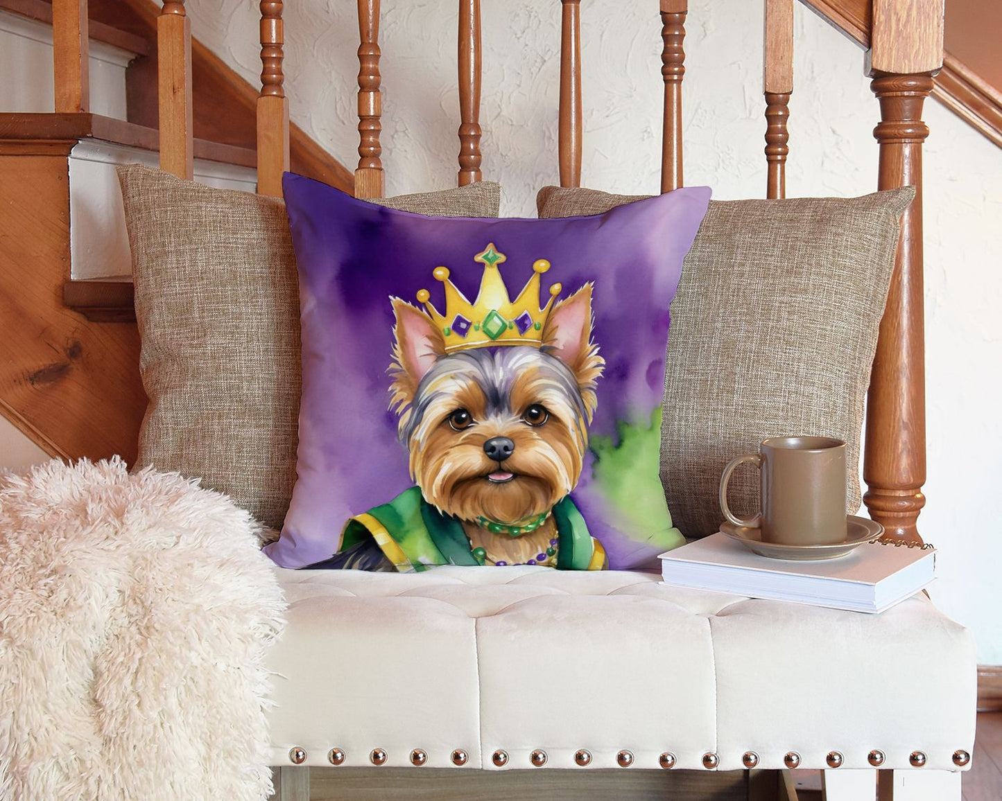 Yorkshire Terrier King of Mardi Gras Throw Pillow Machine Washable, Indoor Outdoor Decorative Pillow for Couch, Bed or Patio, 14Hx14W