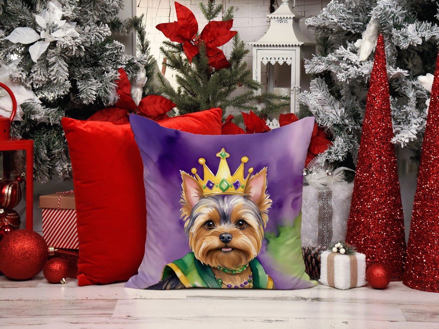 Yorkshire Terrier King of Mardi Gras Throw Pillow Machine Washable, Indoor Outdoor Decorative Pillow for Couch, Bed or Patio, 14Hx14W