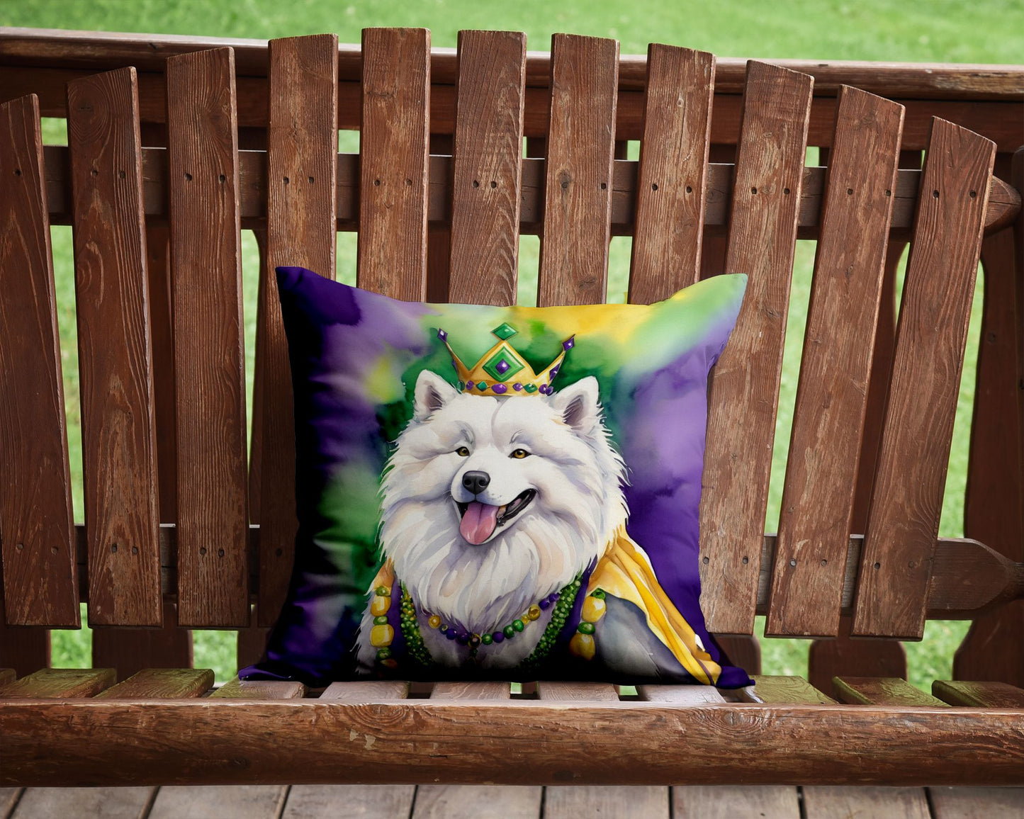 Samoyed King of Mardi Gras Throw Pillow Machine Washable, Indoor Outdoor Decorative Pillow for Couch, Bed or Patio, 14Hx14W