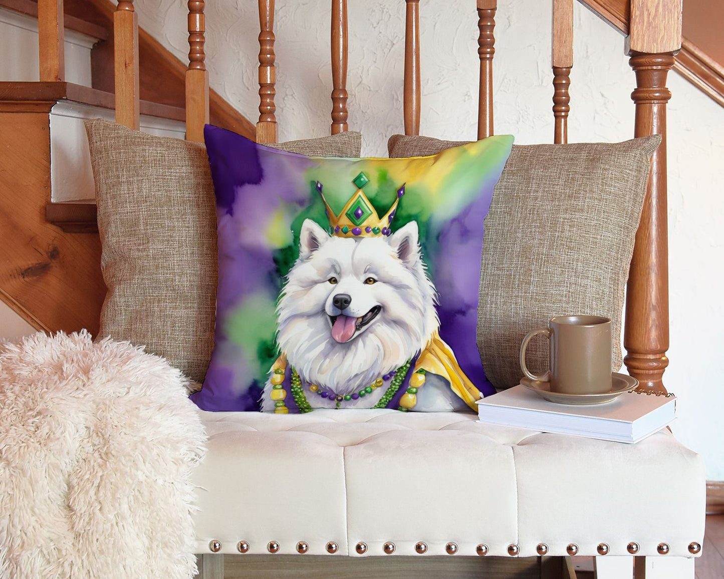 Samoyed King of Mardi Gras Throw Pillow Machine Washable, Indoor Outdoor Decorative Pillow for Couch, Bed or Patio, 14Hx14W