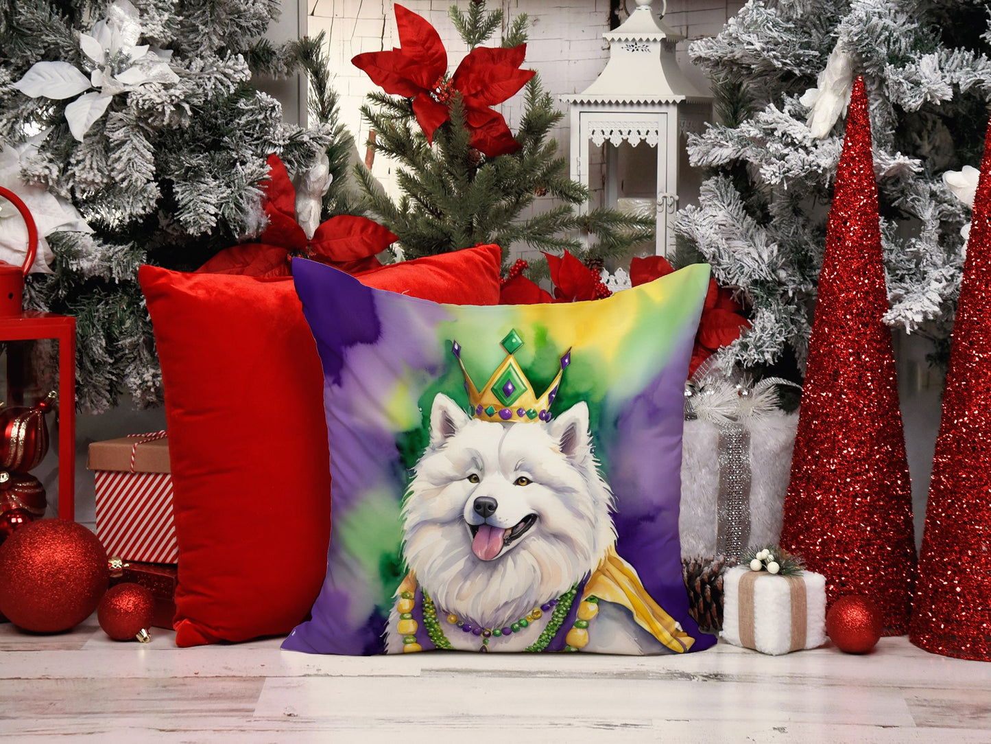 Samoyed King of Mardi Gras Throw Pillow Machine Washable, Indoor Outdoor Decorative Pillow for Couch, Bed or Patio, 14Hx14W