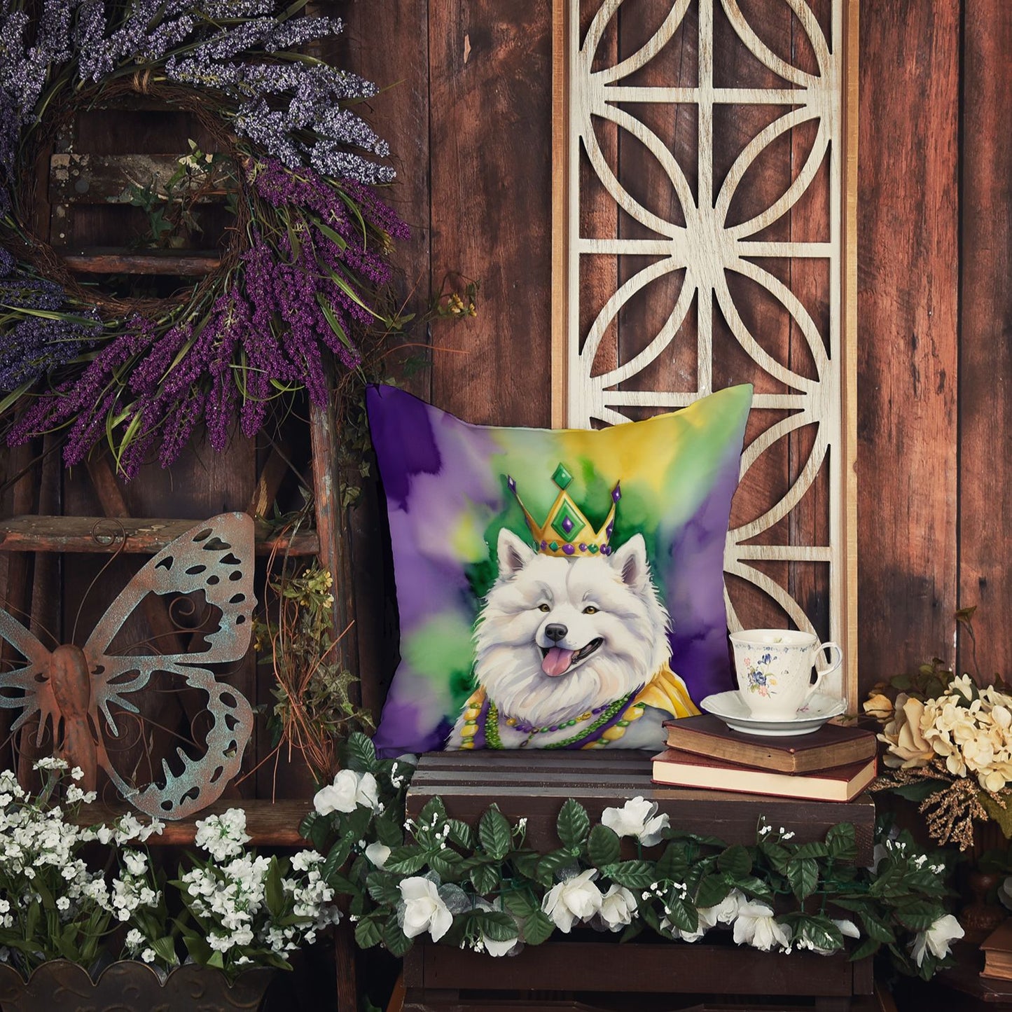 Samoyed King of Mardi Gras Throw Pillow Machine Washable, Indoor Outdoor Decorative Pillow for Couch, Bed or Patio, 14Hx14W