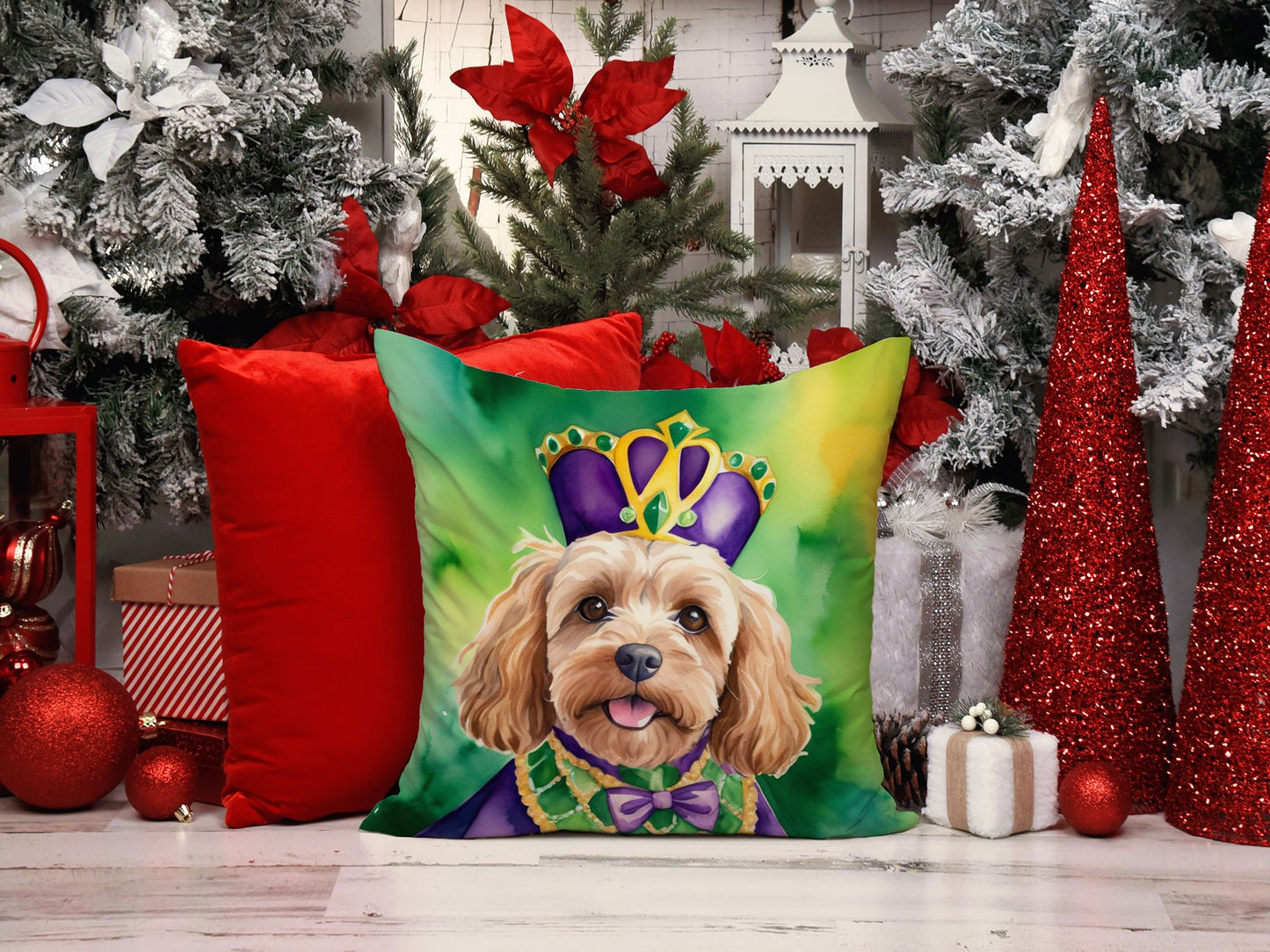 Cockapoo King of Mardi Gras Throw Pillow Machine Washable, Indoor Outdoor Decorative Pillow for Couch, Bed or Patio, 18Hx18W