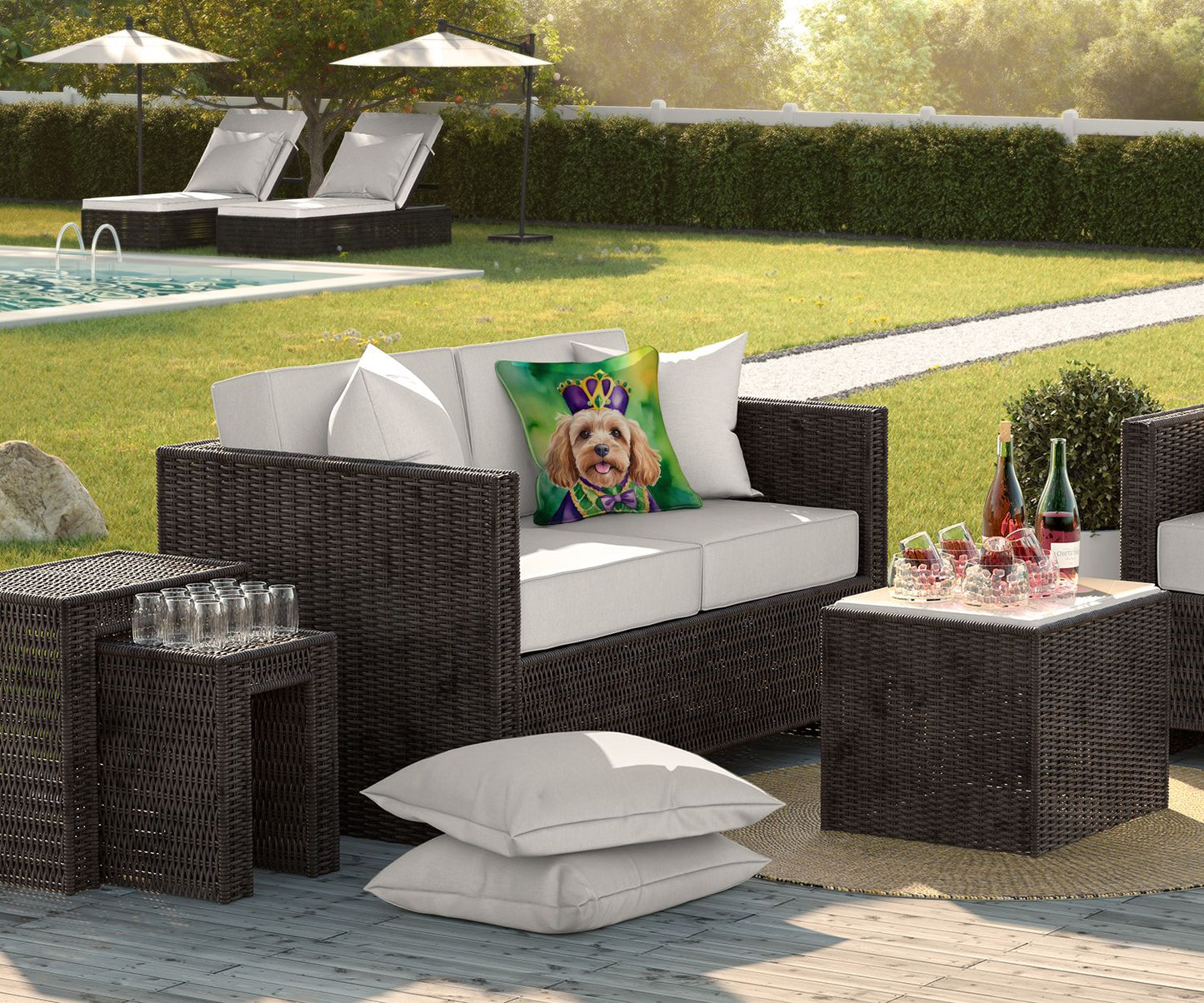 Cockapoo King of Mardi Gras Throw Pillow Machine Washable, Indoor Outdoor Decorative Pillow for Couch, Bed or Patio, 18Hx18W