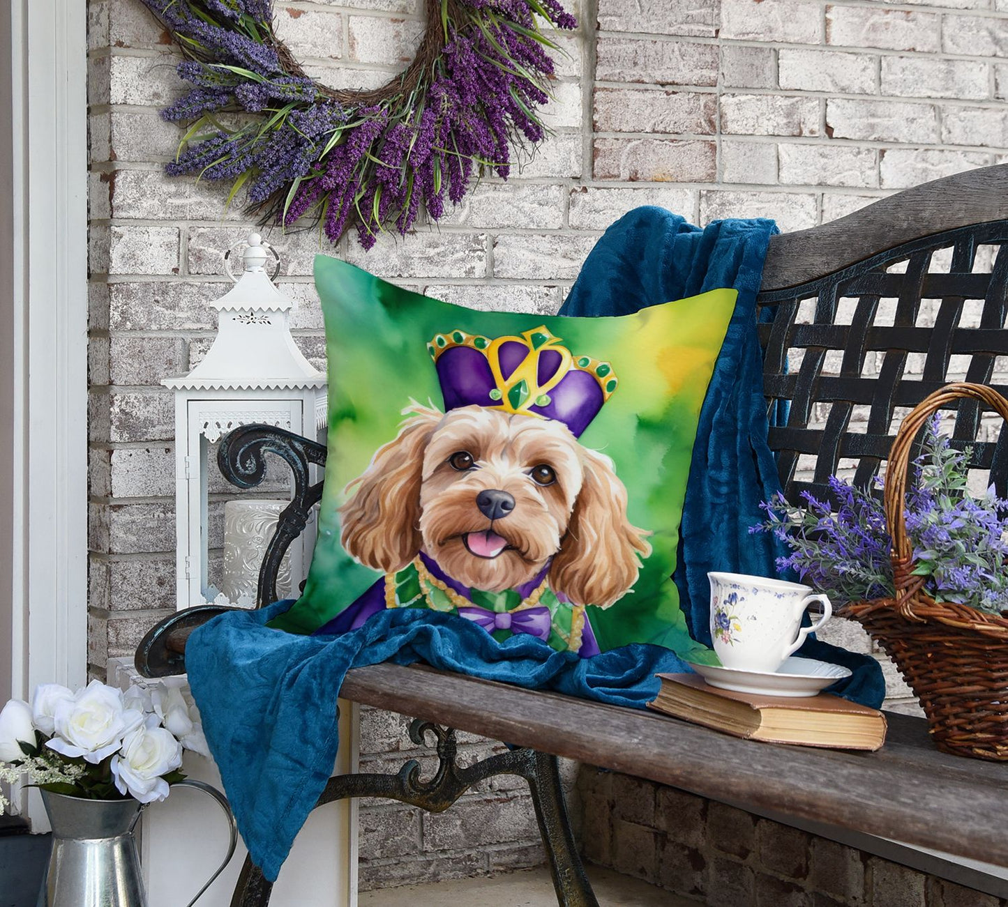 Cockapoo King of Mardi Gras Throw Pillow Machine Washable, Indoor Outdoor Decorative Pillow for Couch, Bed or Patio, 18Hx18W