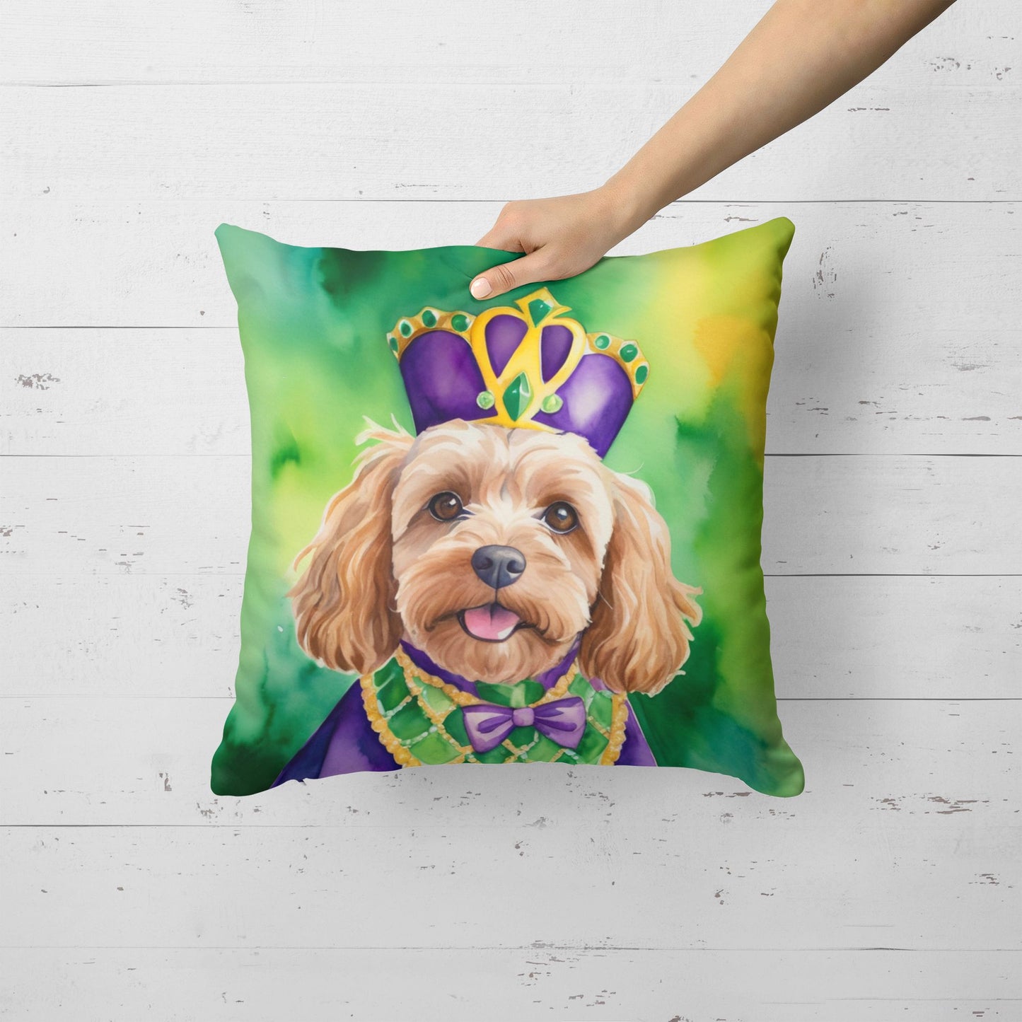 Cockapoo King of Mardi Gras Throw Pillow Machine Washable, Indoor Outdoor Decorative Pillow for Couch, Bed or Patio, 18Hx18W