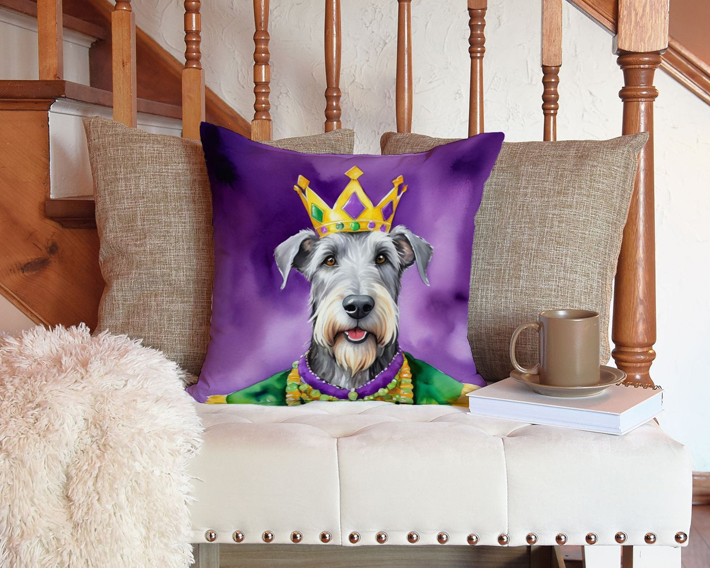 Irish Wolfhound King of Mardi Gras Throw Pillow Machine Washable, Indoor Outdoor Decorative Pillow for Couch, Bed or Patio, 14Hx14W