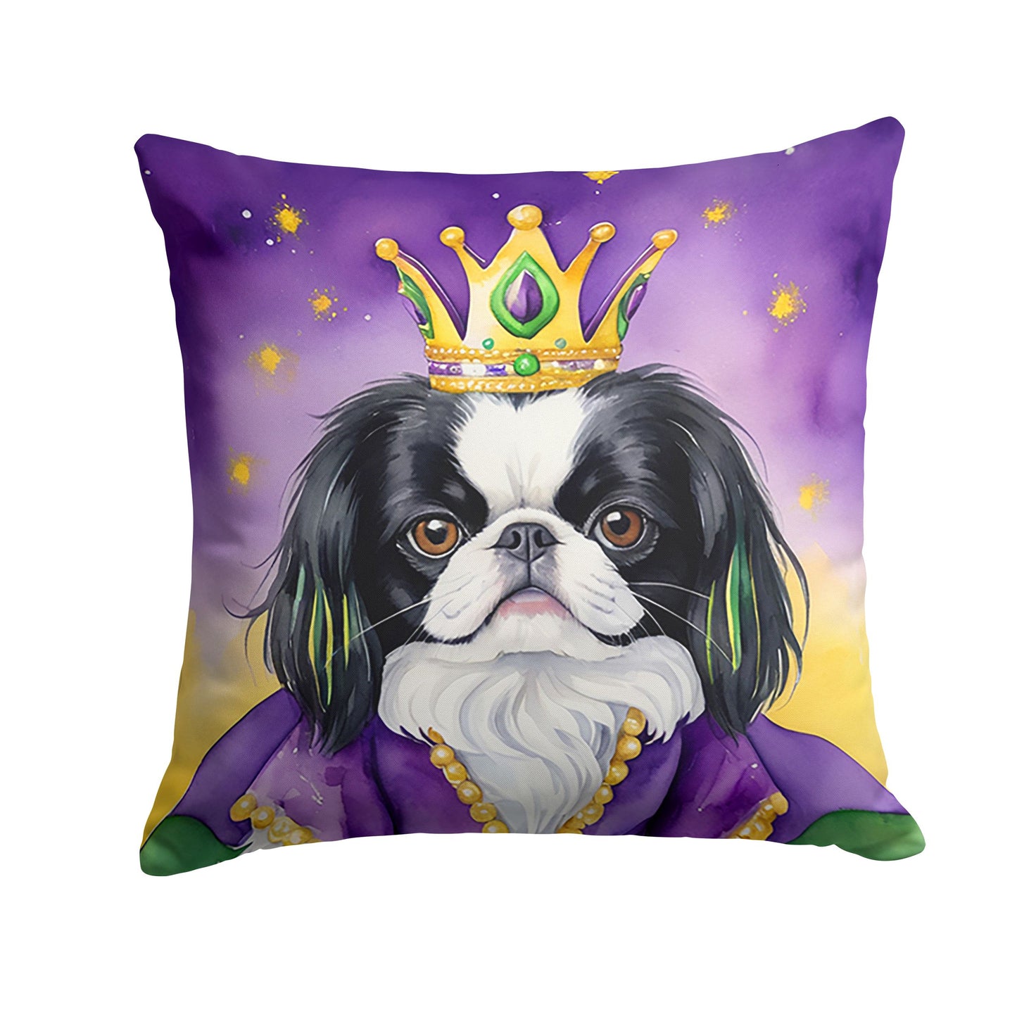 Japanese Chin King of Mardi Gras Throw Pillow Machine Washable, Indoor Outdoor Decorative Pillow for Couch, Bed or Patio, 14Hx14W