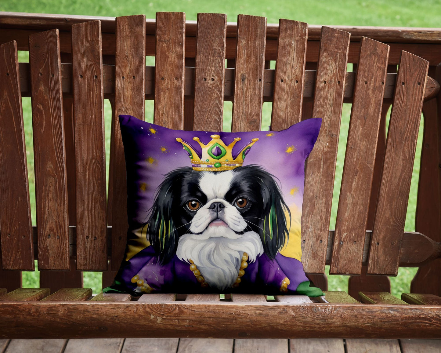 Japanese Chin King of Mardi Gras Throw Pillow Machine Washable, Indoor Outdoor Decorative Pillow for Couch, Bed or Patio, 14Hx14W