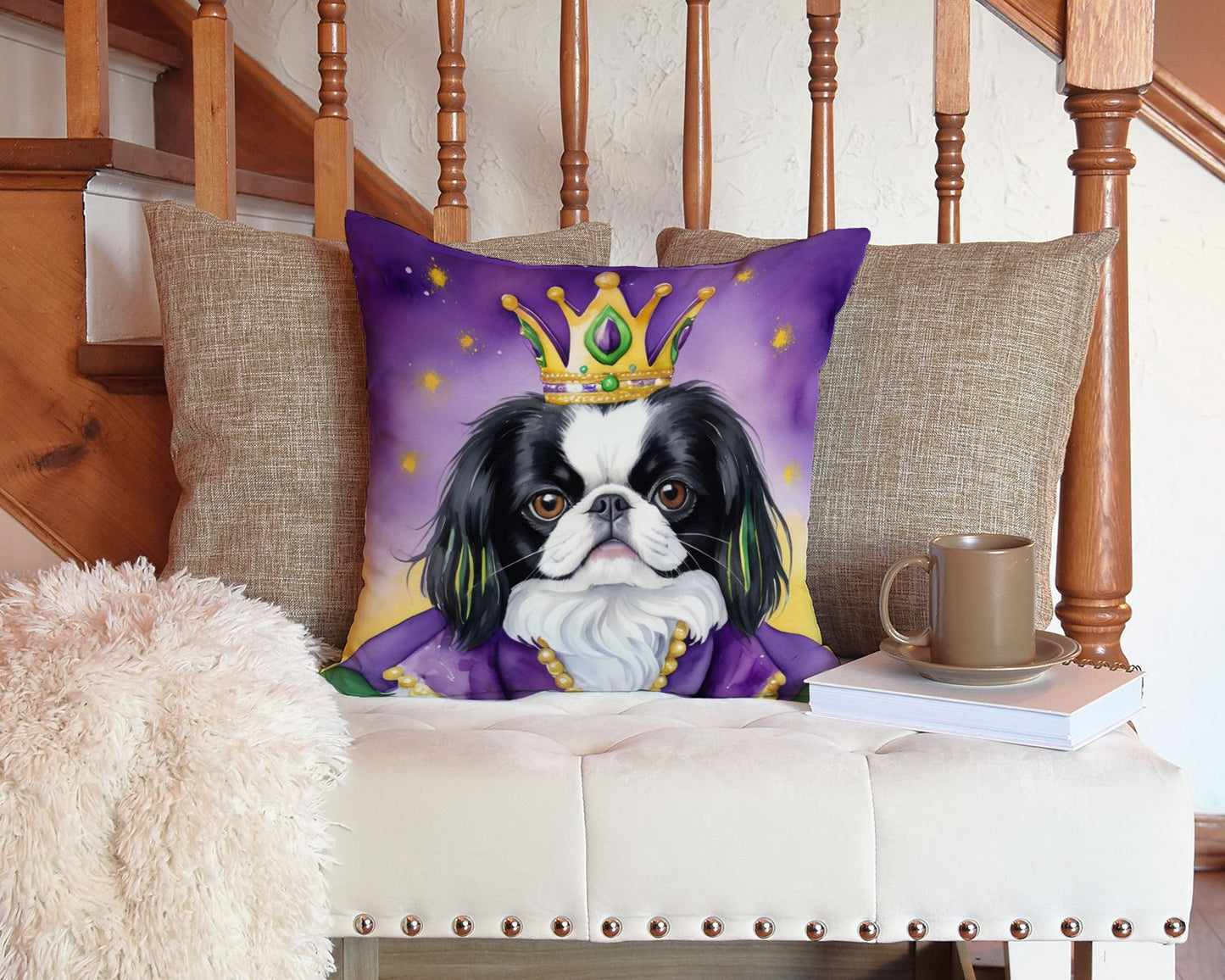 Japanese Chin King of Mardi Gras Throw Pillow Machine Washable, Indoor Outdoor Decorative Pillow for Couch, Bed or Patio, 14Hx14W