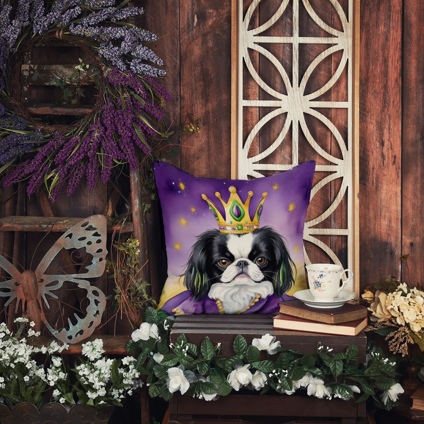 Japanese Chin King of Mardi Gras Throw Pillow Machine Washable, Indoor Outdoor Decorative Pillow for Couch, Bed or Patio, 14Hx14W