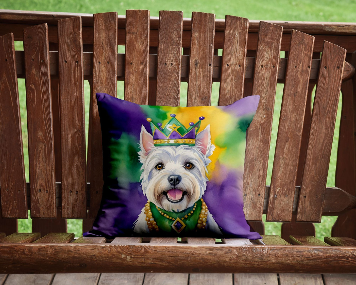 Westie King of Mardi Gras Throw Pillow Machine Washable, Indoor Outdoor Decorative Pillow for Couch, Bed or Patio, 14Hx14W