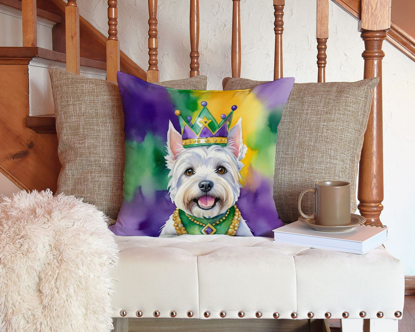 Westie King of Mardi Gras Throw Pillow Machine Washable, Indoor Outdoor Decorative Pillow for Couch, Bed or Patio, 14Hx14W