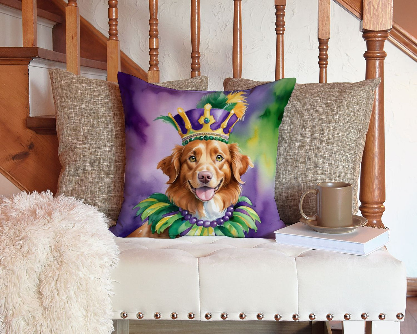 Nova Scotia Duck Tolling Retriever King of Mardi Gras Throw Pillow Machine Washable, Indoor Outdoor Decorative Pillow for Couch, Bed or Patio, 14Hx14W