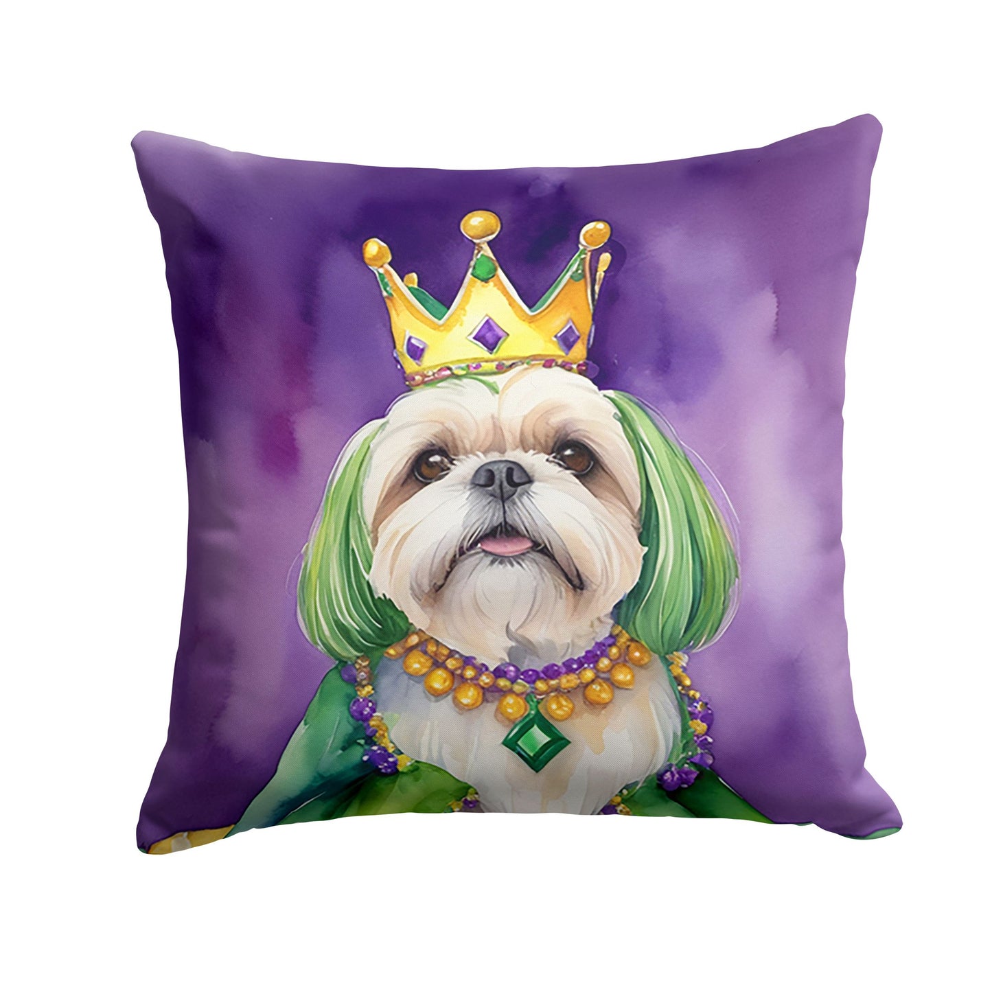 Lhasa Apso King of Mardi Gras Throw Pillow Machine Washable, Indoor Outdoor Decorative Pillow for Couch, Bed or Patio, 14Hx14W
