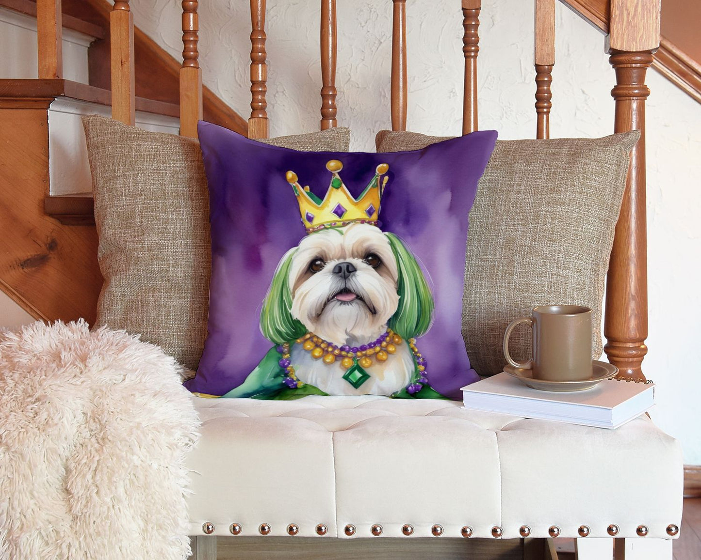 Lhasa Apso King of Mardi Gras Throw Pillow Machine Washable, Indoor Outdoor Decorative Pillow for Couch, Bed or Patio, 14Hx14W