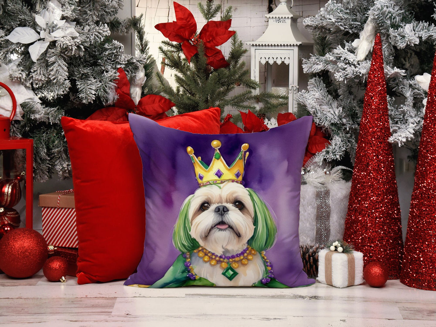 Lhasa Apso King of Mardi Gras Throw Pillow Machine Washable, Indoor Outdoor Decorative Pillow for Couch, Bed or Patio, 14Hx14W