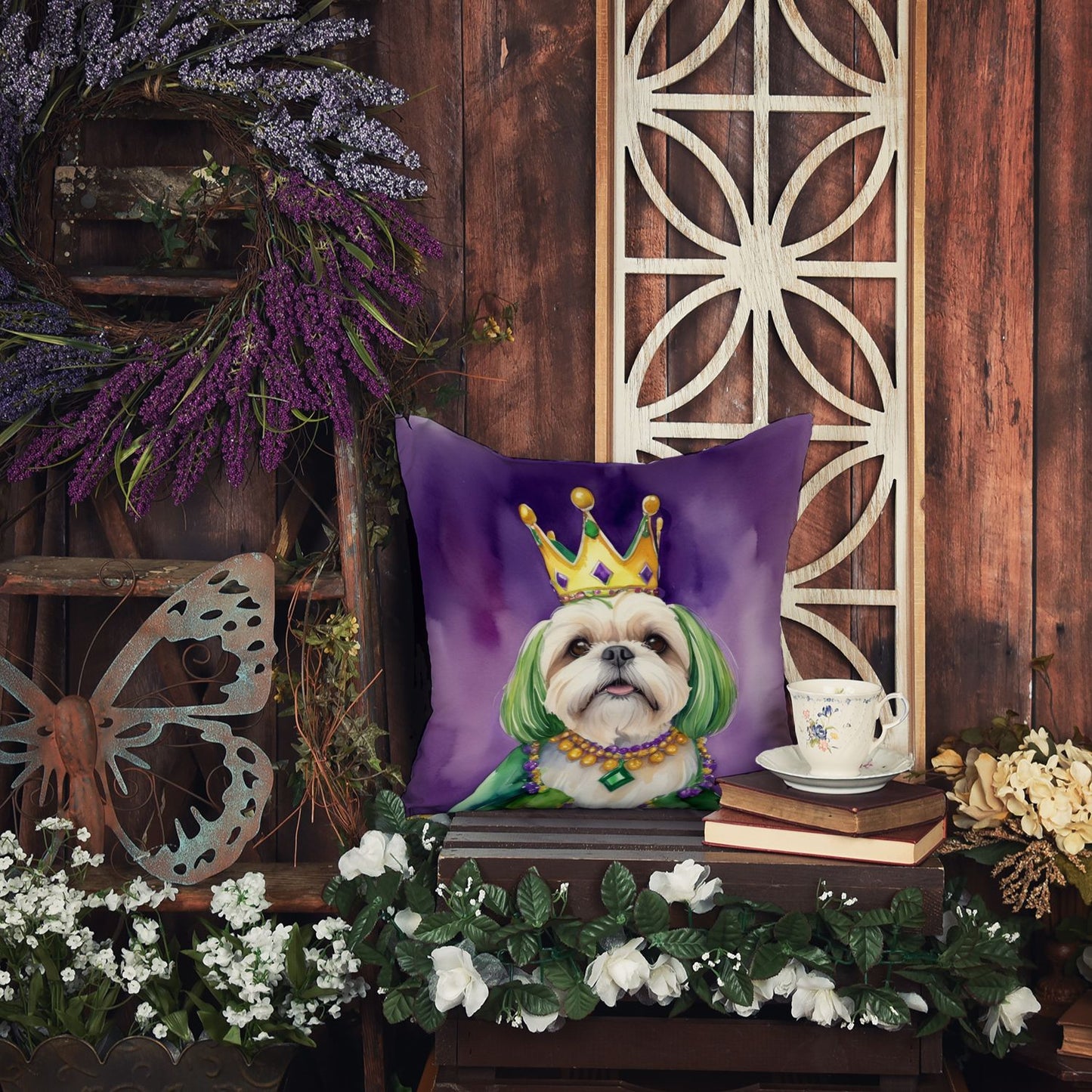 Lhasa Apso King of Mardi Gras Throw Pillow Machine Washable, Indoor Outdoor Decorative Pillow for Couch, Bed or Patio, 14Hx14W