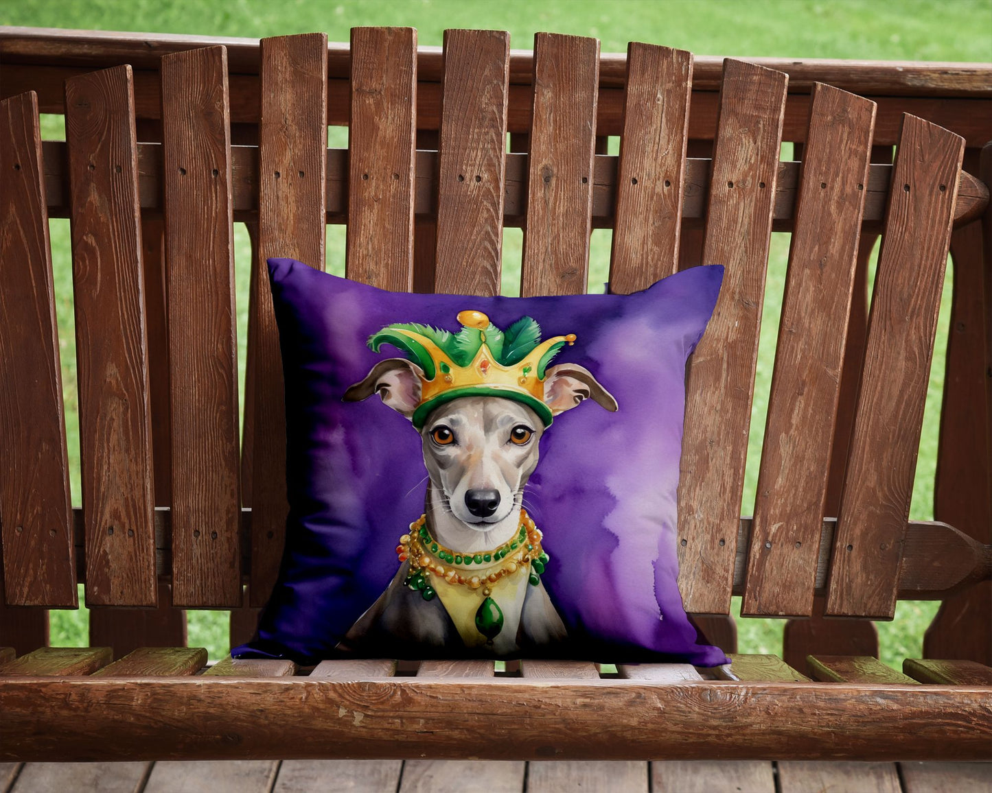 Whippet King of Mardi Gras Throw Pillow Machine Washable, Indoor Outdoor Decorative Pillow for Couch, Bed or Patio, 14Hx14W