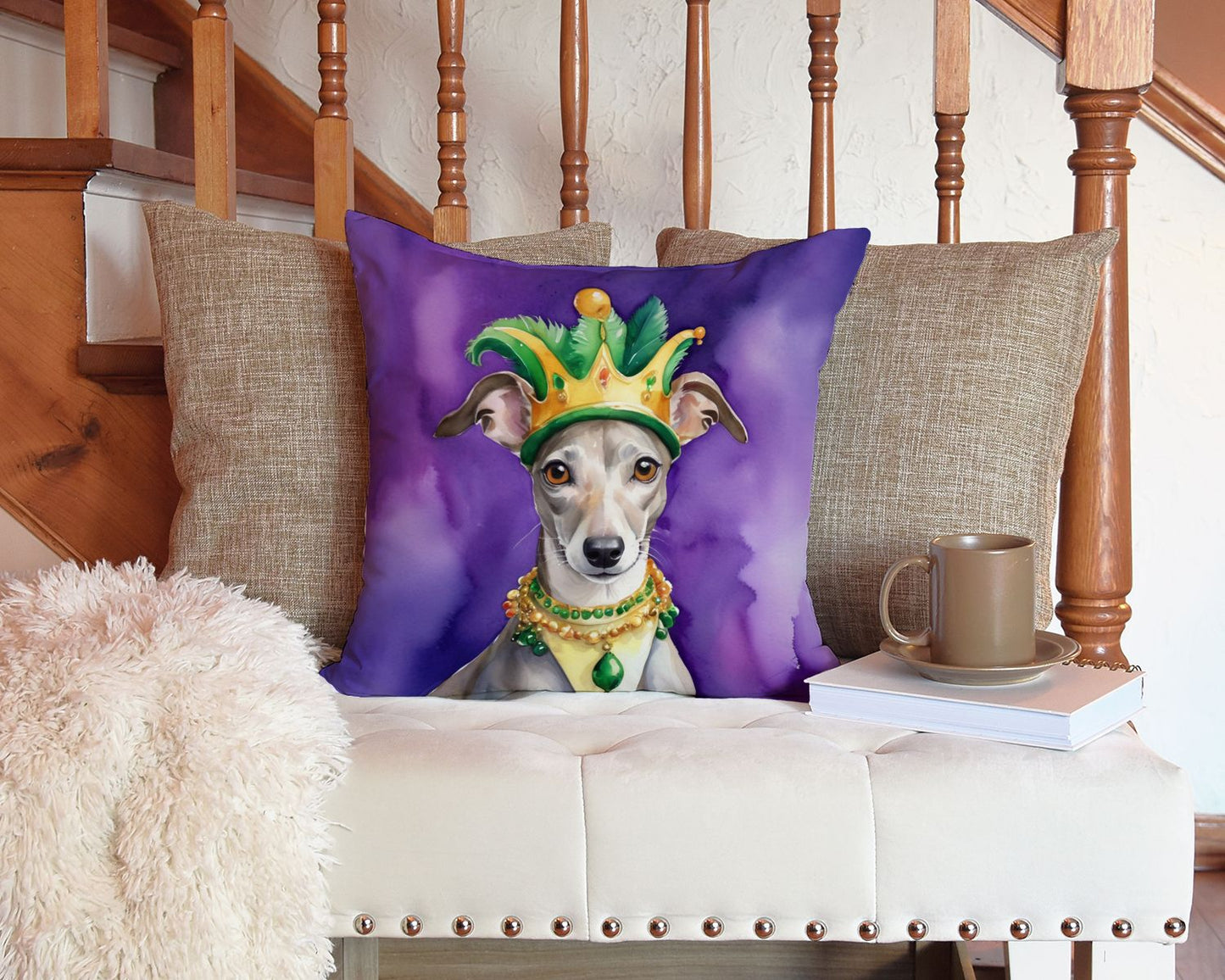 Whippet King of Mardi Gras Throw Pillow Machine Washable, Indoor Outdoor Decorative Pillow for Couch, Bed or Patio, 14Hx14W
