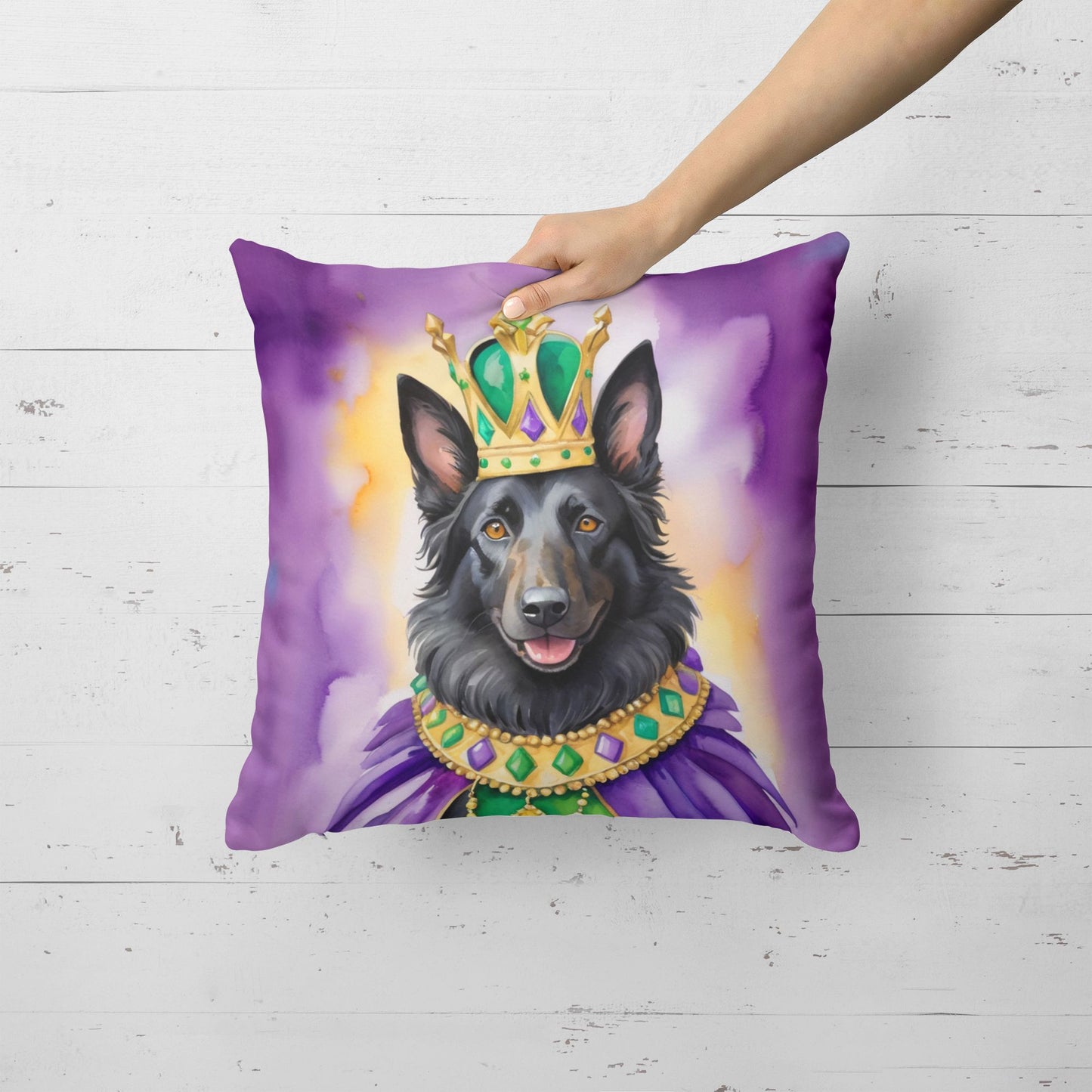 Belgian Sheepdog King of Mardi Gras Throw Pillow Machine Washable, Indoor Outdoor Decorative Pillow for Couch, Bed or Patio, 18Hx18W
