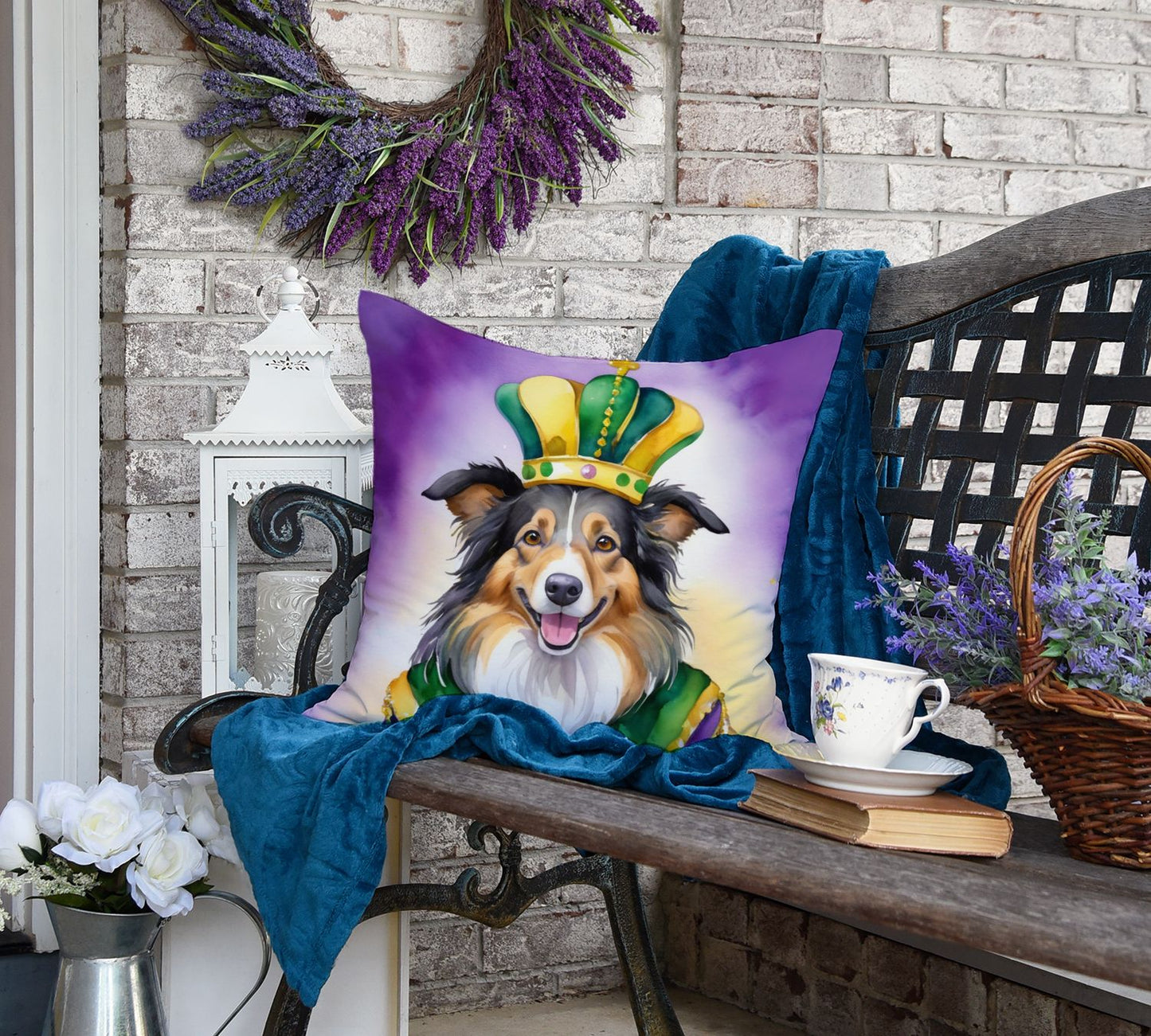 Collie King of Mardi Gras Throw Pillow Machine Washable, Indoor Outdoor Decorative Pillow for Couch, Bed or Patio, 18Hx18W