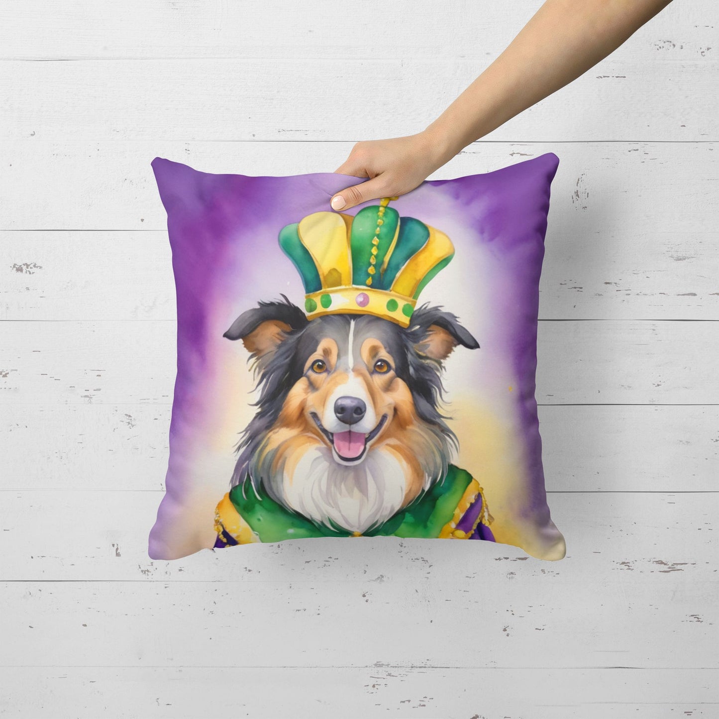 Collie King of Mardi Gras Throw Pillow Machine Washable, Indoor Outdoor Decorative Pillow for Couch, Bed or Patio, 18Hx18W