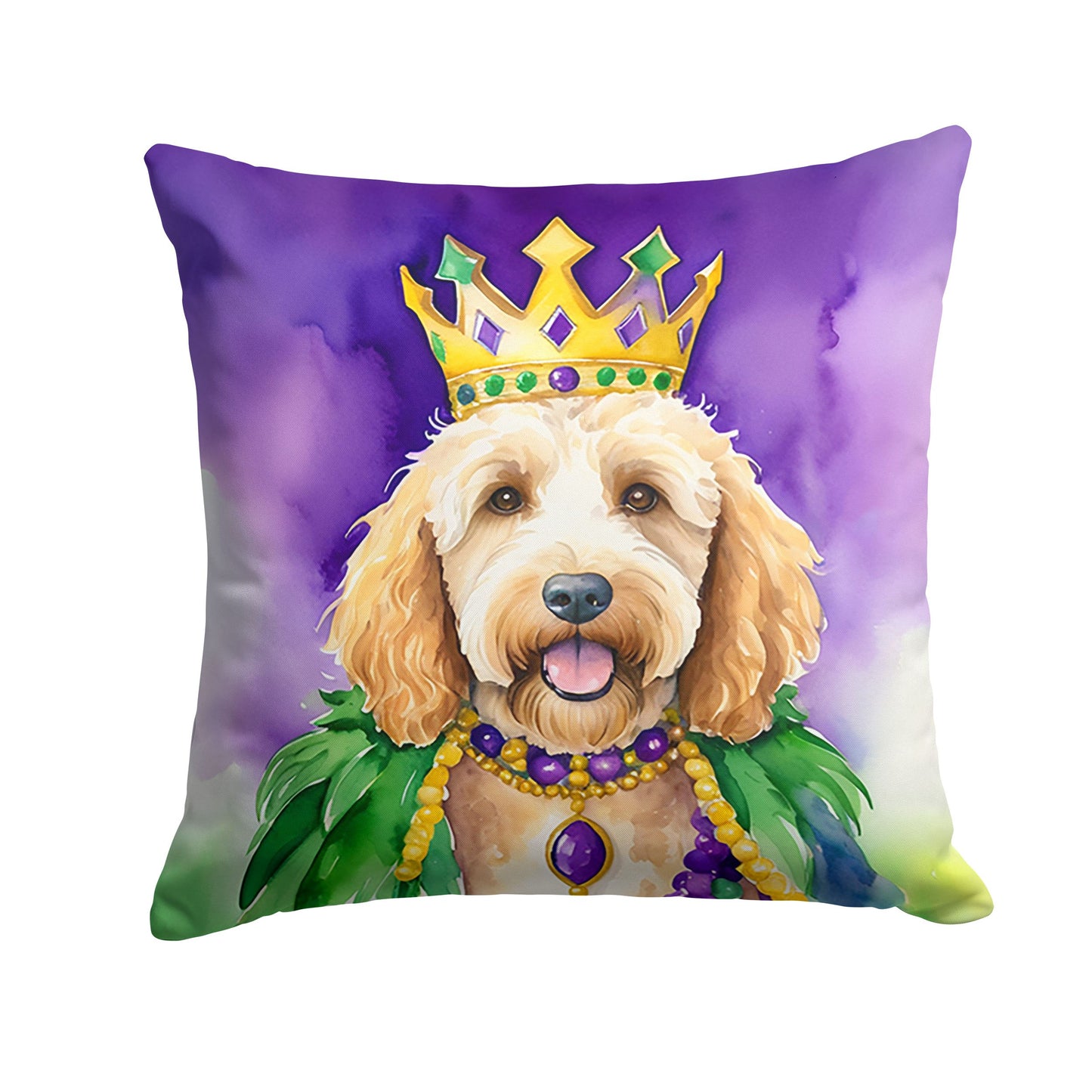 Goldendoodle King of Mardi Gras Throw Pillow Machine Washable, Indoor Outdoor Decorative Pillow for Couch, Bed or Patio, 18Hx18W