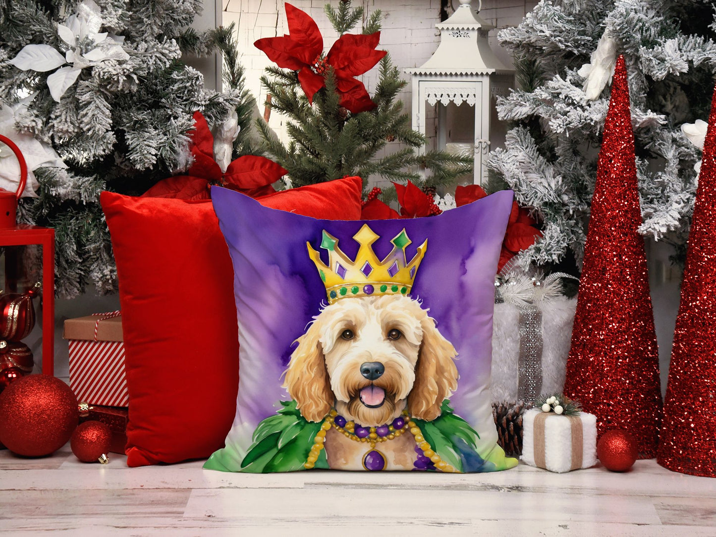 Goldendoodle King of Mardi Gras Throw Pillow Machine Washable, Indoor Outdoor Decorative Pillow for Couch, Bed or Patio, 18Hx18W