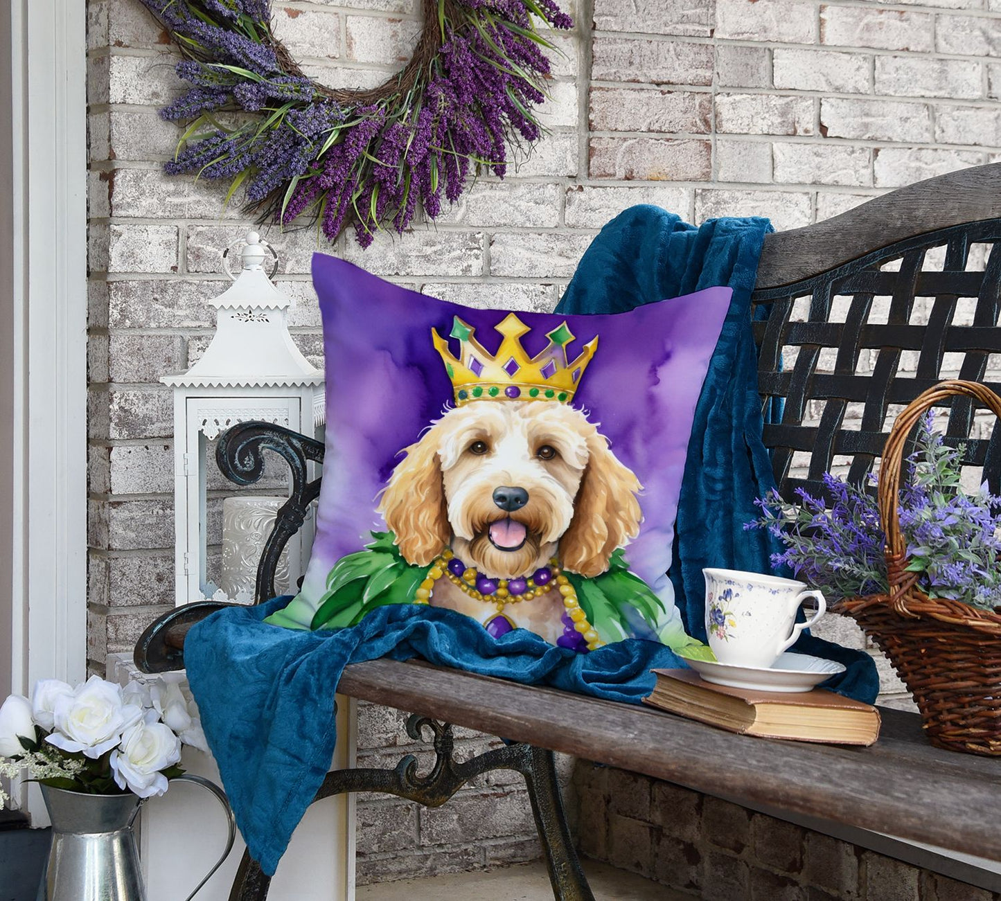 Goldendoodle King of Mardi Gras Throw Pillow Machine Washable, Indoor Outdoor Decorative Pillow for Couch, Bed or Patio, 18Hx18W