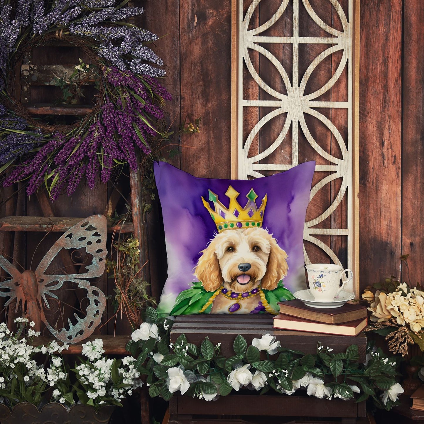 Goldendoodle King of Mardi Gras Throw Pillow Machine Washable, Indoor Outdoor Decorative Pillow for Couch, Bed or Patio, 18Hx18W