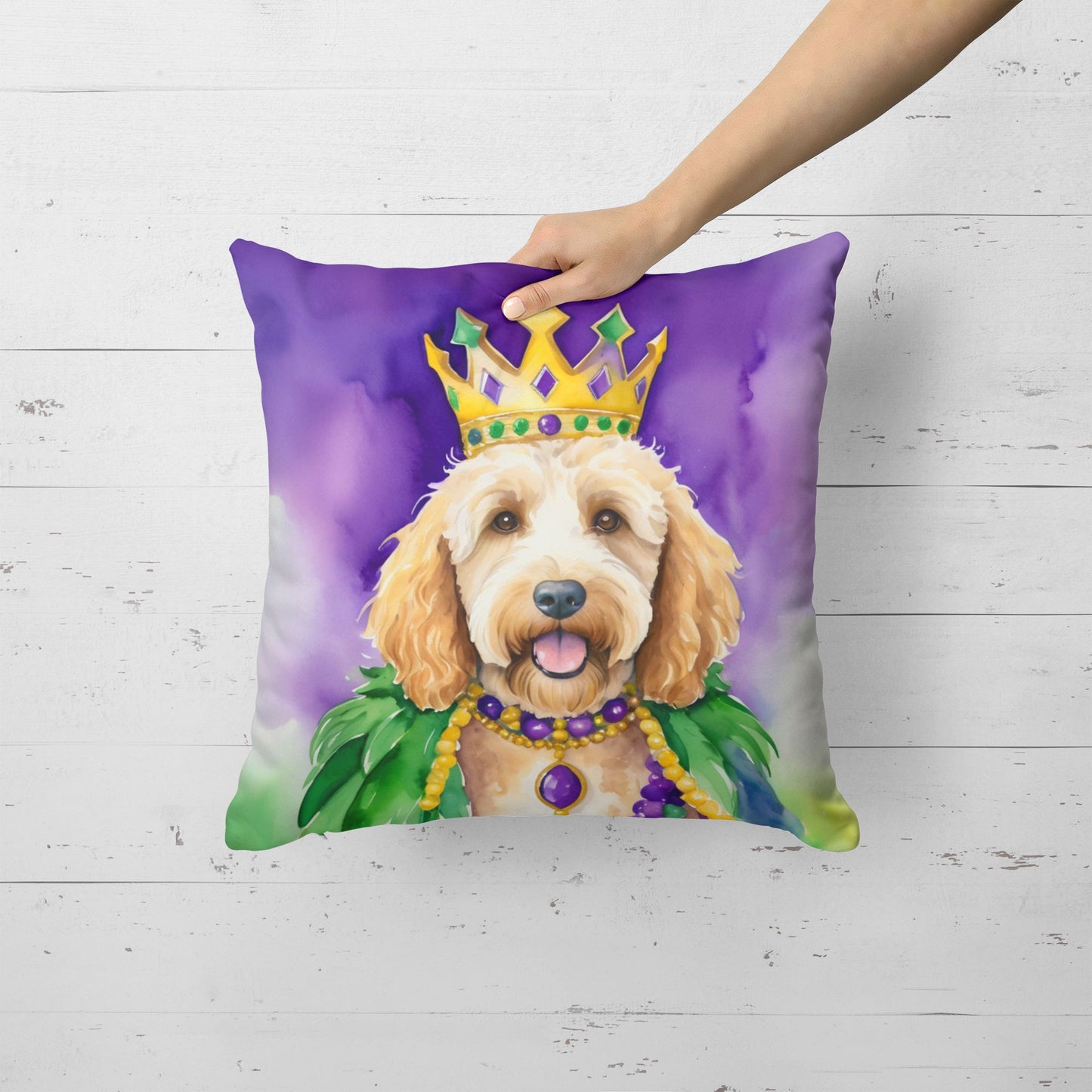 Goldendoodle King of Mardi Gras Throw Pillow Machine Washable, Indoor Outdoor Decorative Pillow for Couch, Bed or Patio, 18Hx18W