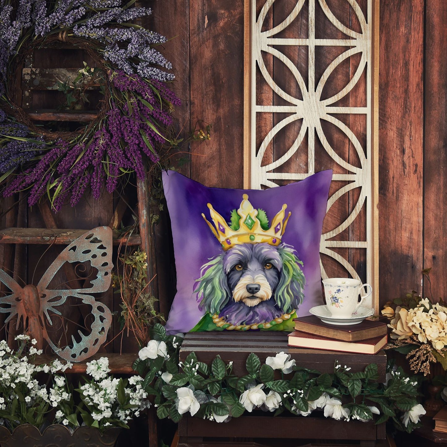 Bergamasco Sheepdog King of Mardi Gras Throw Pillow Machine Washable, Indoor Outdoor Decorative Pillow for Couch, Bed or Patio, 18Hx18W