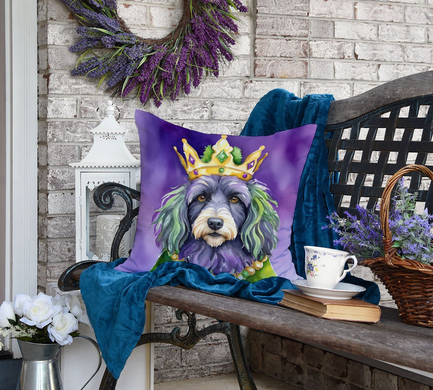 Bergamasco Sheepdog King of Mardi Gras Throw Pillow Machine Washable, Indoor Outdoor Decorative Pillow for Couch, Bed or Patio, 18Hx18W
