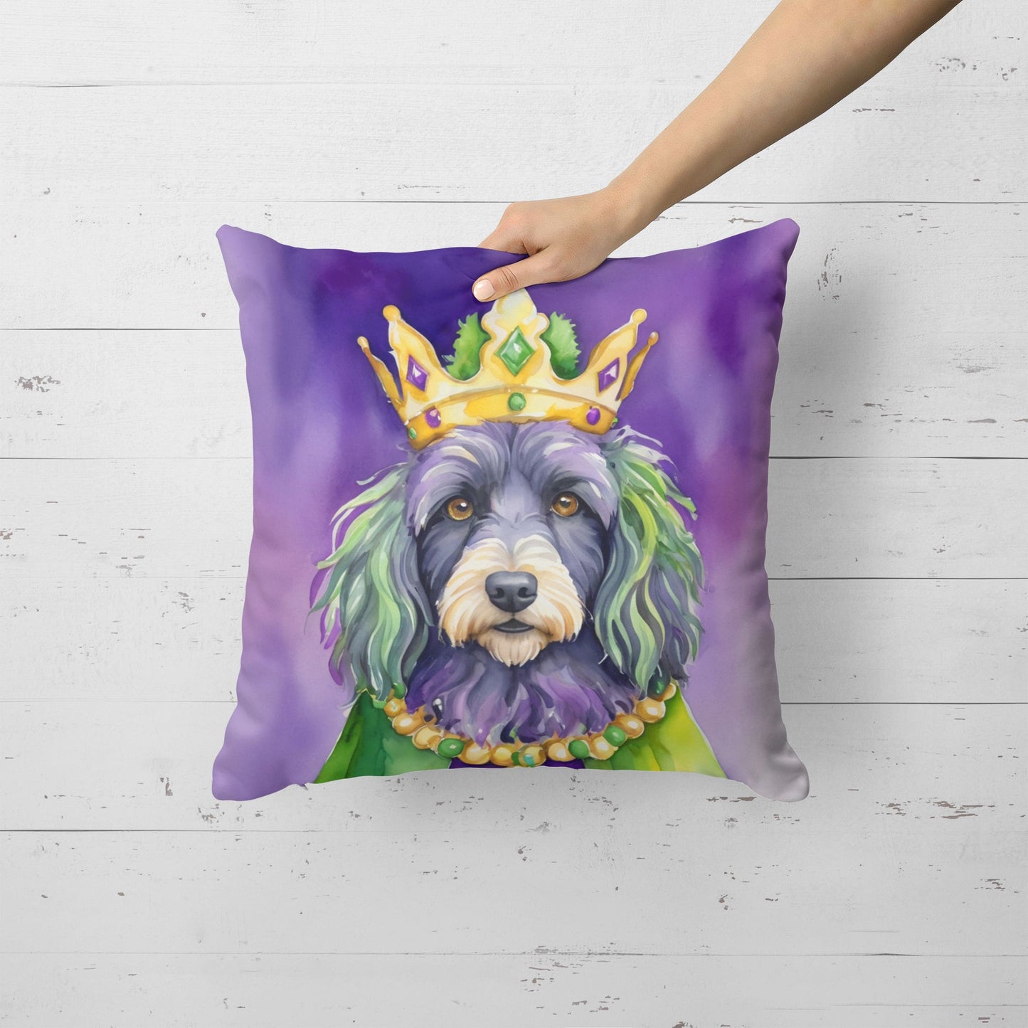 Bergamasco Sheepdog King of Mardi Gras Throw Pillow Machine Washable, Indoor Outdoor Decorative Pillow for Couch, Bed or Patio, 18Hx18W