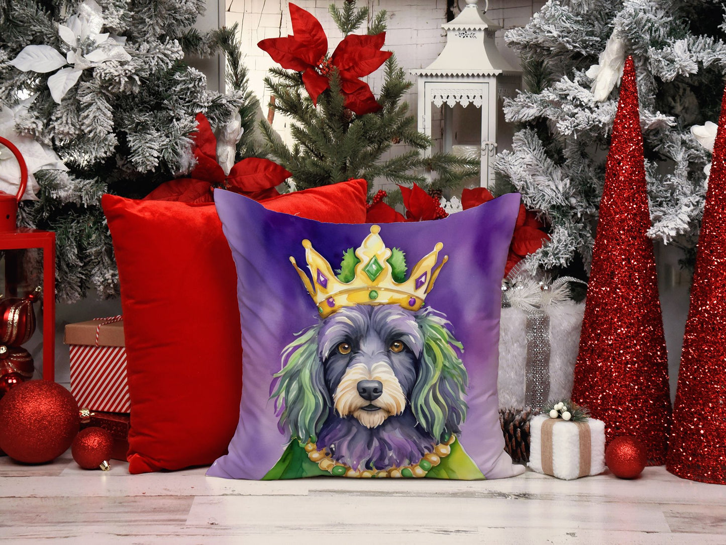 Bergamasco Sheepdog King of Mardi Gras Throw Pillow Machine Washable, Indoor Outdoor Decorative Pillow for Couch, Bed or Patio, 18Hx18W