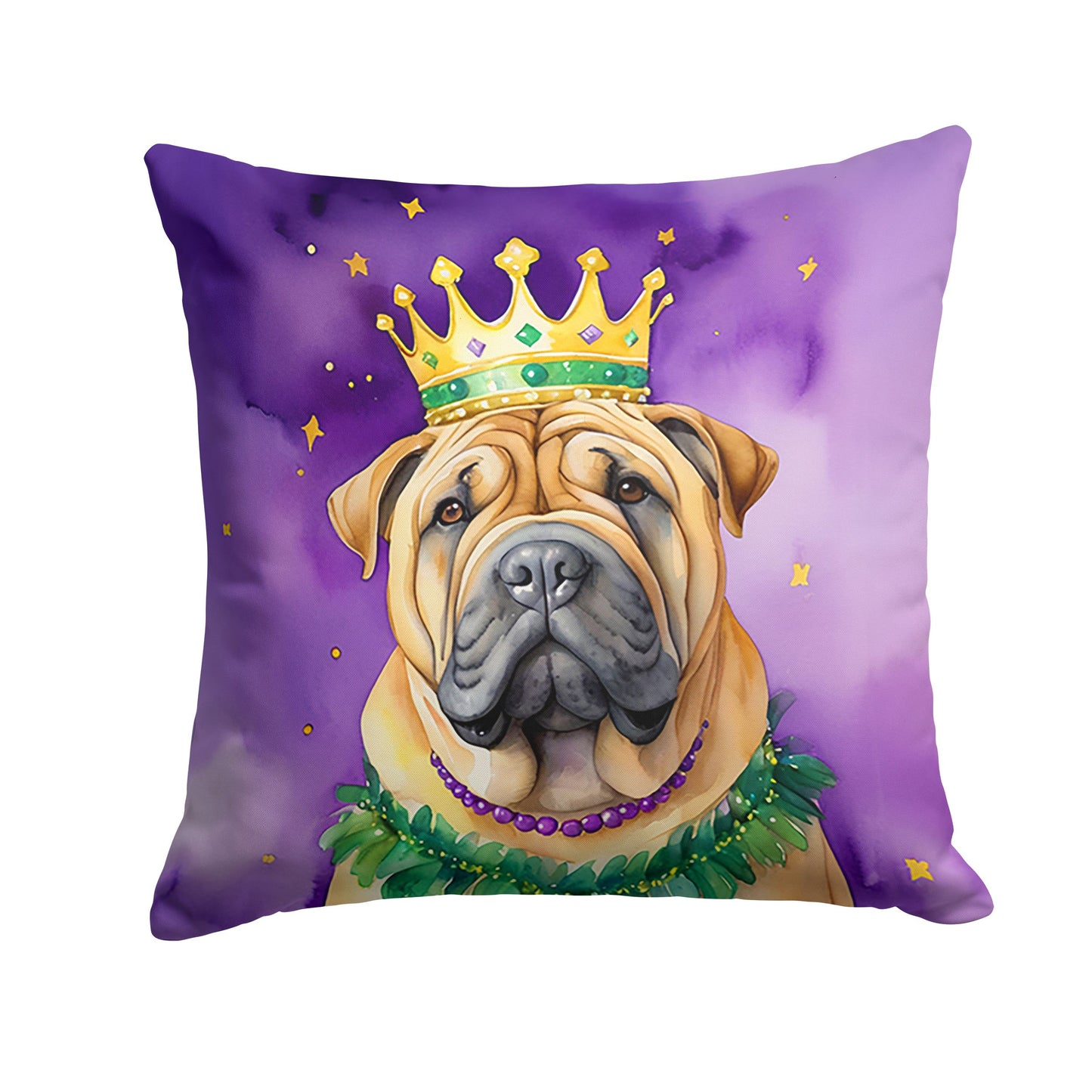 Shar Pei King of Mardi Gras Throw Pillow Machine Washable, Indoor Outdoor Decorative Pillow for Couch, Bed or Patio, 14Hx14W