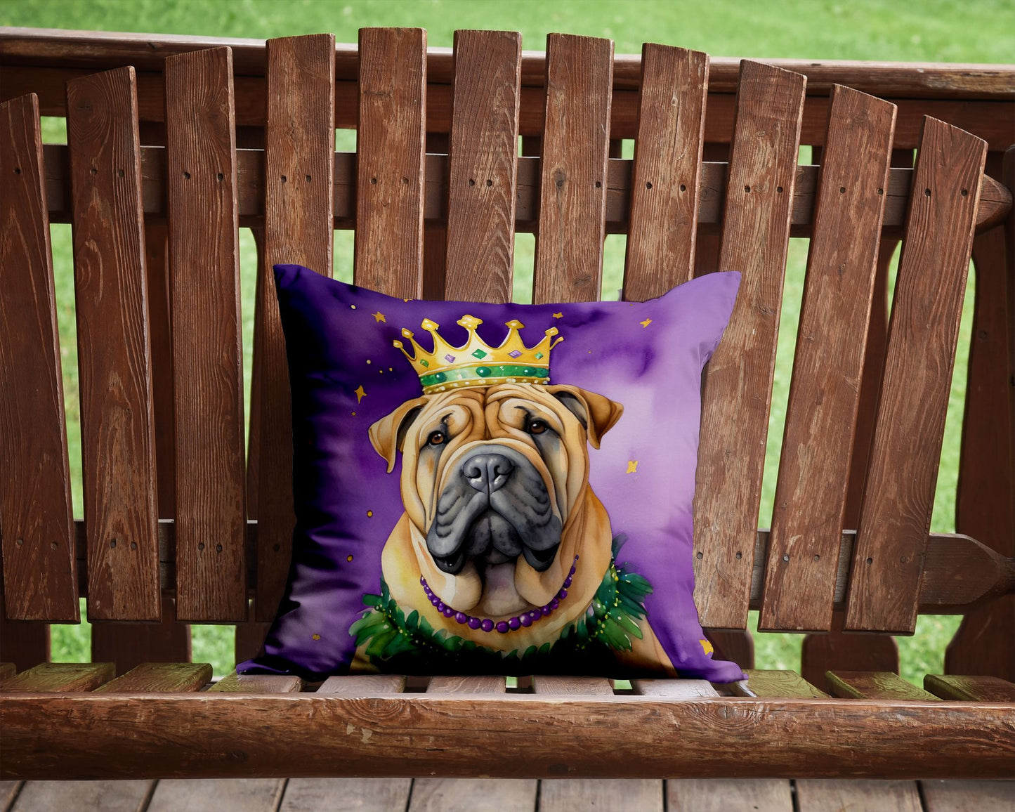 Shar Pei King of Mardi Gras Throw Pillow Machine Washable, Indoor Outdoor Decorative Pillow for Couch, Bed or Patio, 14Hx14W