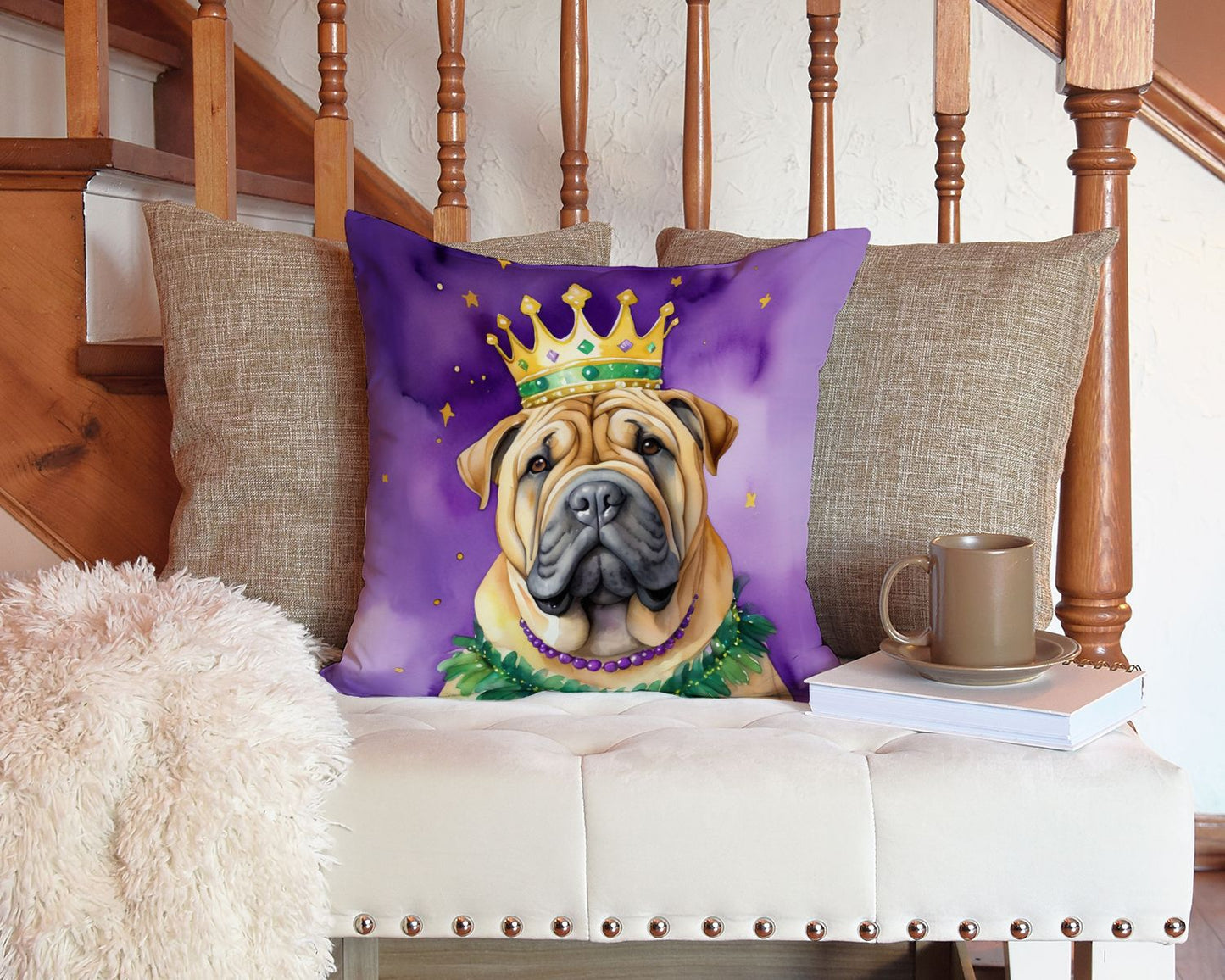 Shar Pei King of Mardi Gras Throw Pillow Machine Washable, Indoor Outdoor Decorative Pillow for Couch, Bed or Patio, 14Hx14W