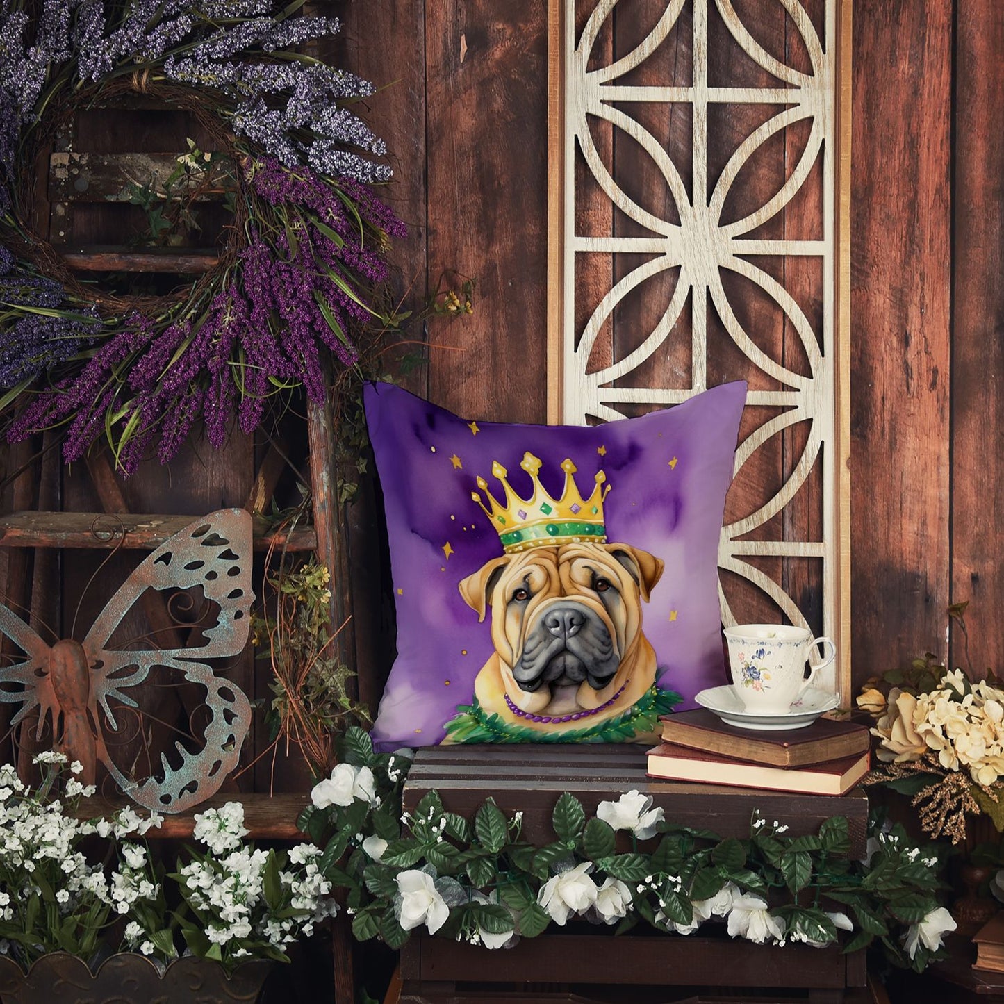 Shar Pei King of Mardi Gras Throw Pillow Machine Washable, Indoor Outdoor Decorative Pillow for Couch, Bed or Patio, 14Hx14W