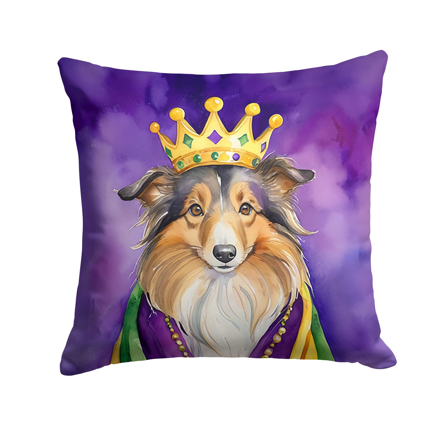 Sheltie King of Mardi Gras Throw Pillow Machine Washable, Indoor Outdoor Decorative Pillow for Couch, Bed or Patio, 14Hx14W